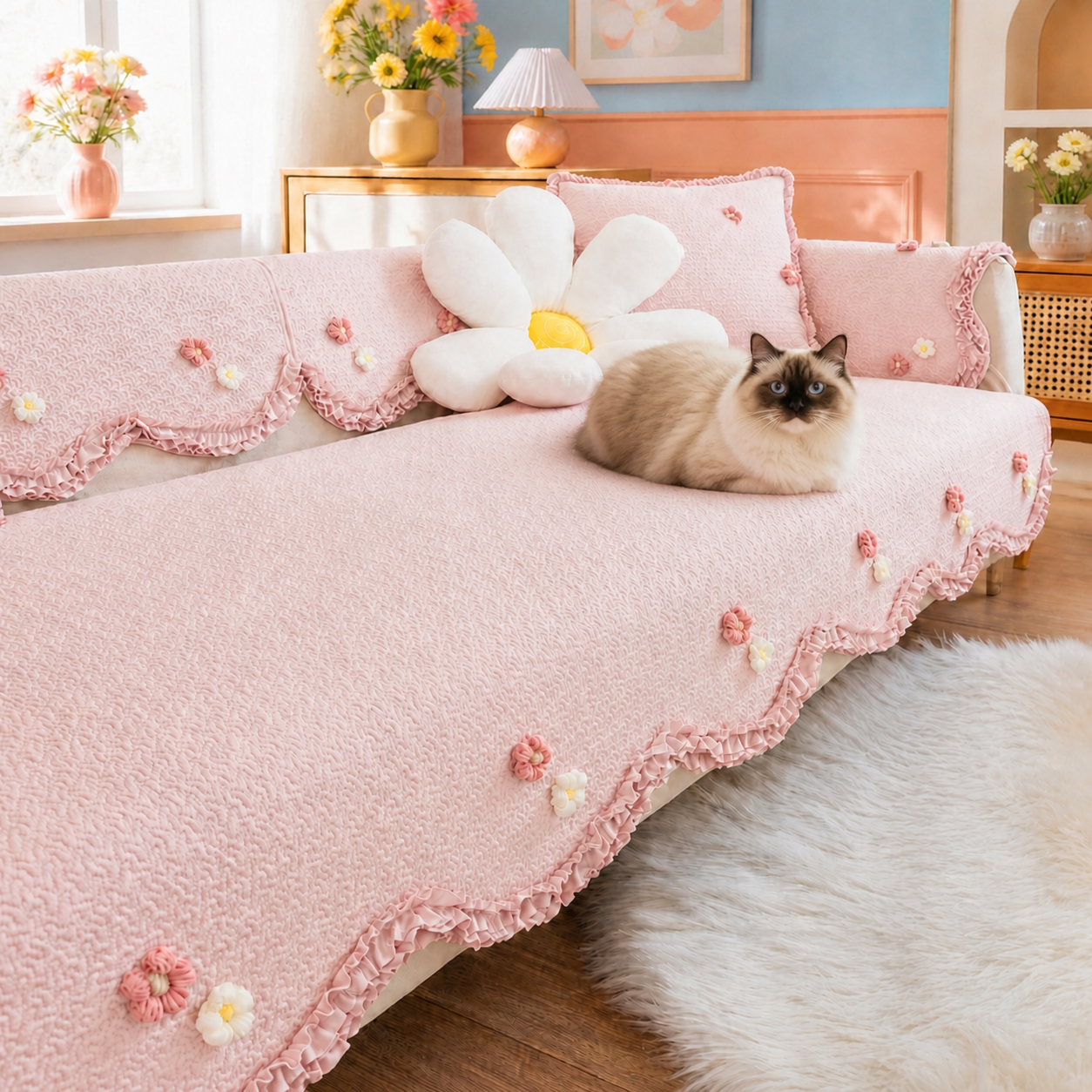 Daisy Ruffle Cotton Sofa Protector | Quilted, Non-Slip & Machine Washable