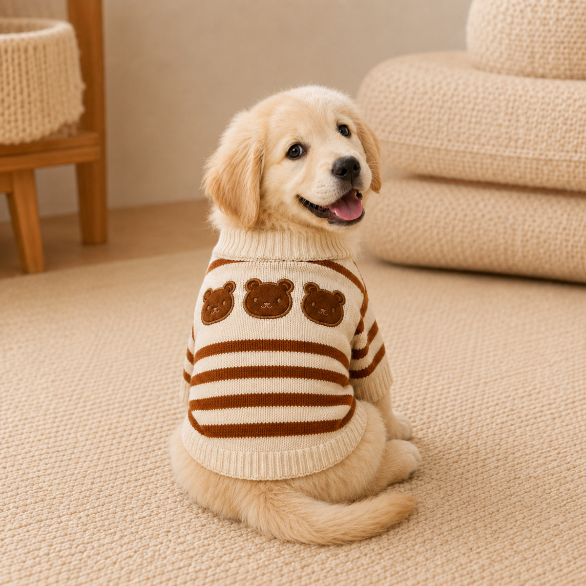 Teddy Bear Stripe Dog Jumper | Cosy Knitted Autumn & Winter Pet Sweater