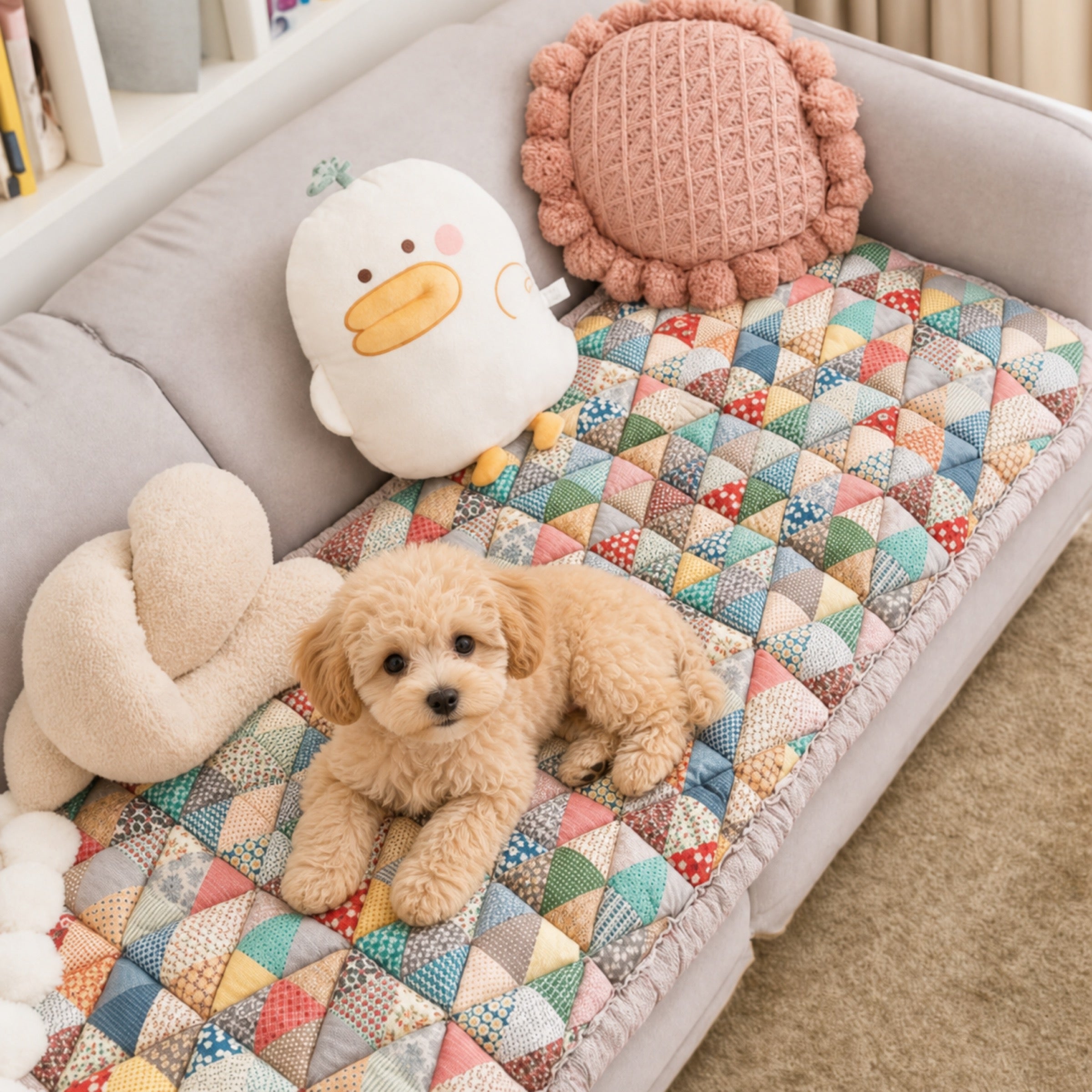 Puppy lying on a colorful quilted floral cotton protective sofa cover