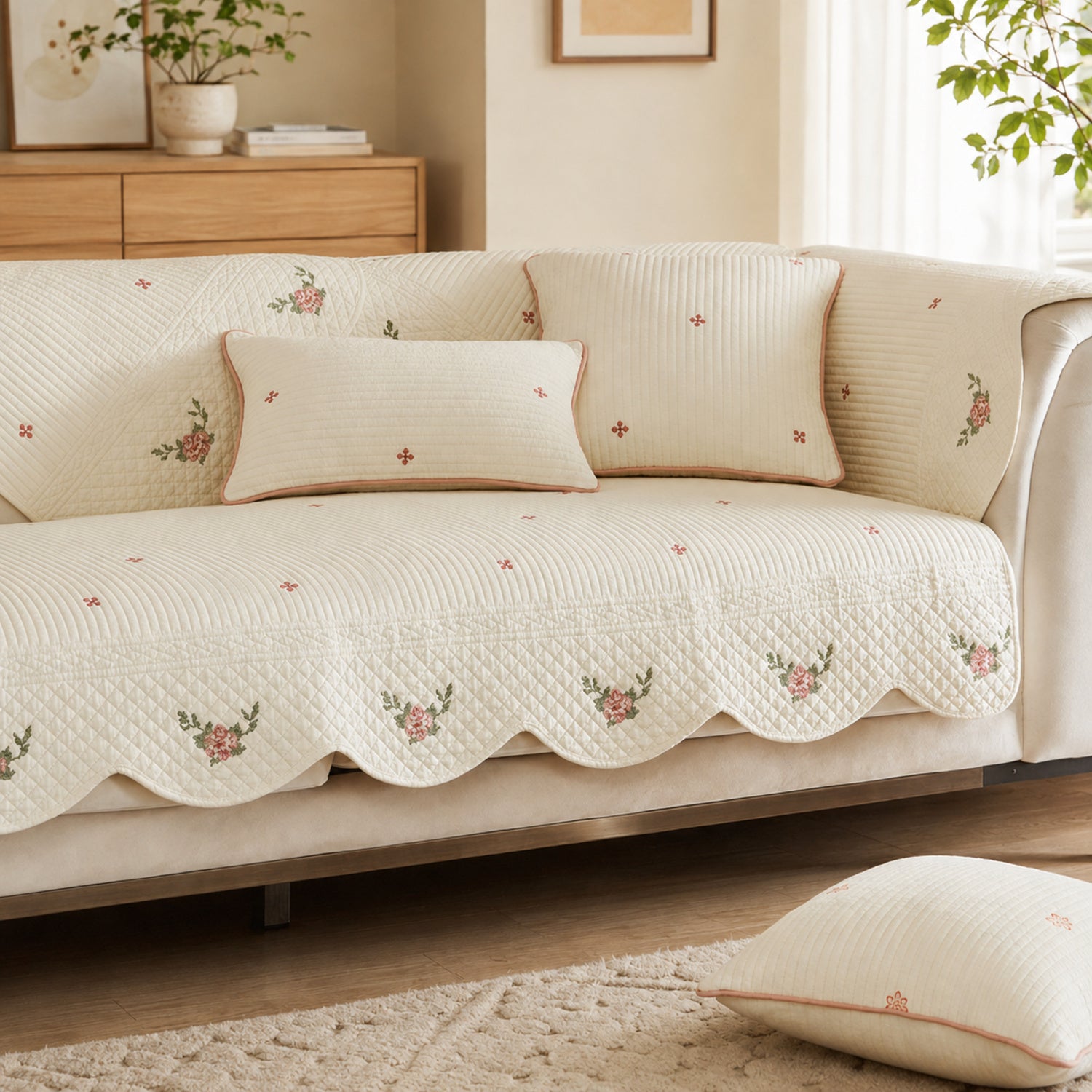 Little Rose Quilted Sofa Cover | Floral Cotton | Non-Slip & Machine Washable