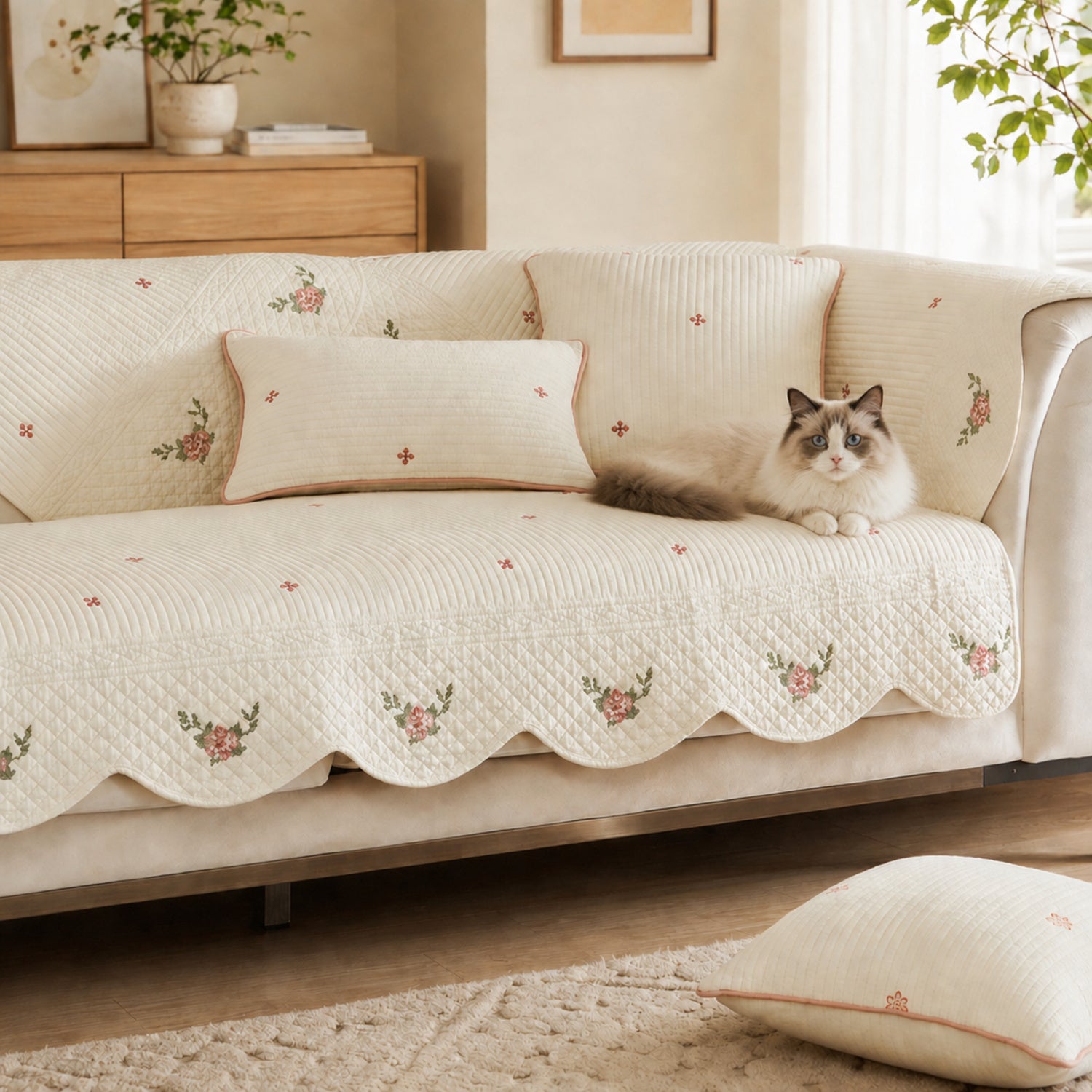 Little Rose Quilted Sofa Cover | Floral Cotton | Non-Slip & Machine Washable