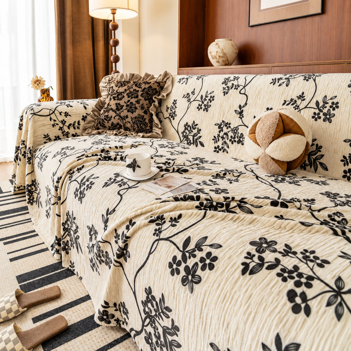 Trailing Blossom Chenille Sofa Throw | Embossed Floral Scratch-Resistant Sofa Protector