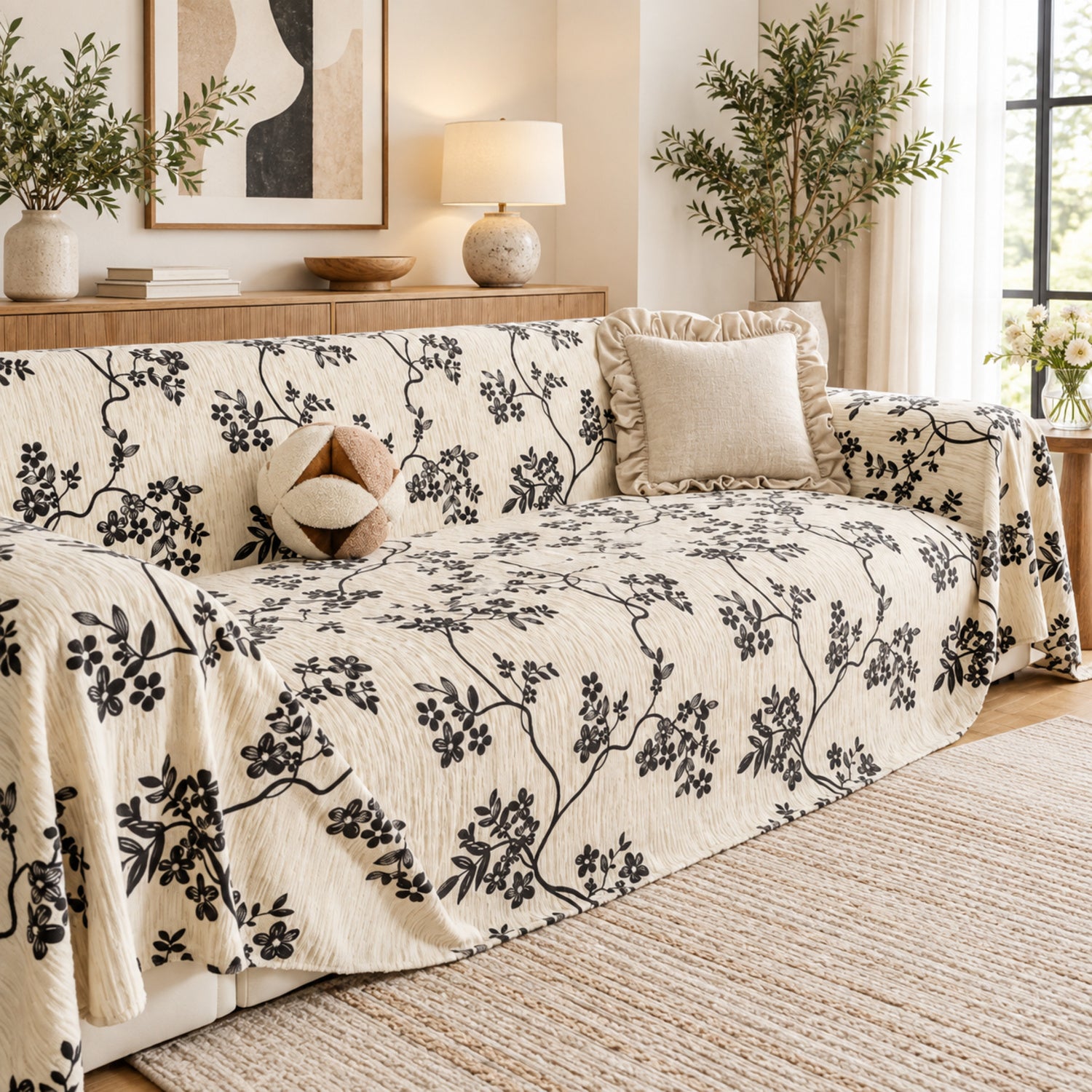 Trailing Blossom Chenille Sofa Throw | Embossed Floral Scratch-Resistant Sofa Protector