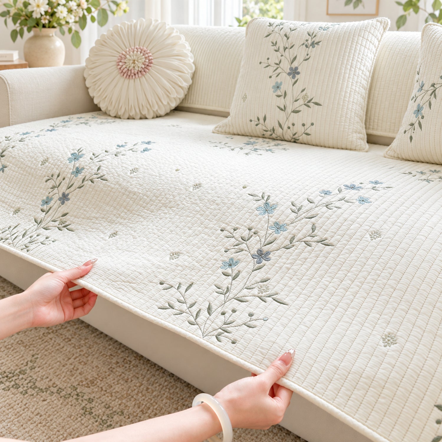 Dainty Meadow Cotton Sofa Cover | Embroidered, Non-Slip & Machine Washable