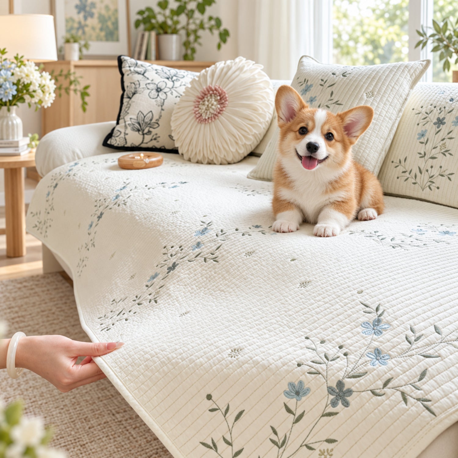Dainty Meadow Cotton Sofa Cover | Embroidered, Non-Slip & Machine Washable