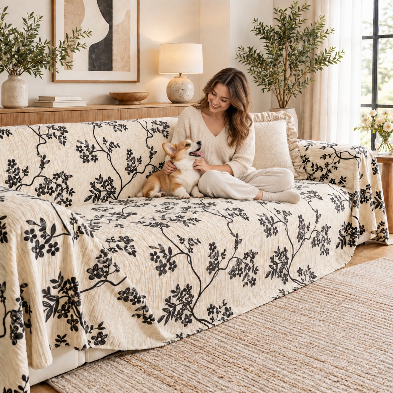 Trailing Blossom Chenille Sofa Throw | Embossed Floral Scratch-Resistant Sofa Protector