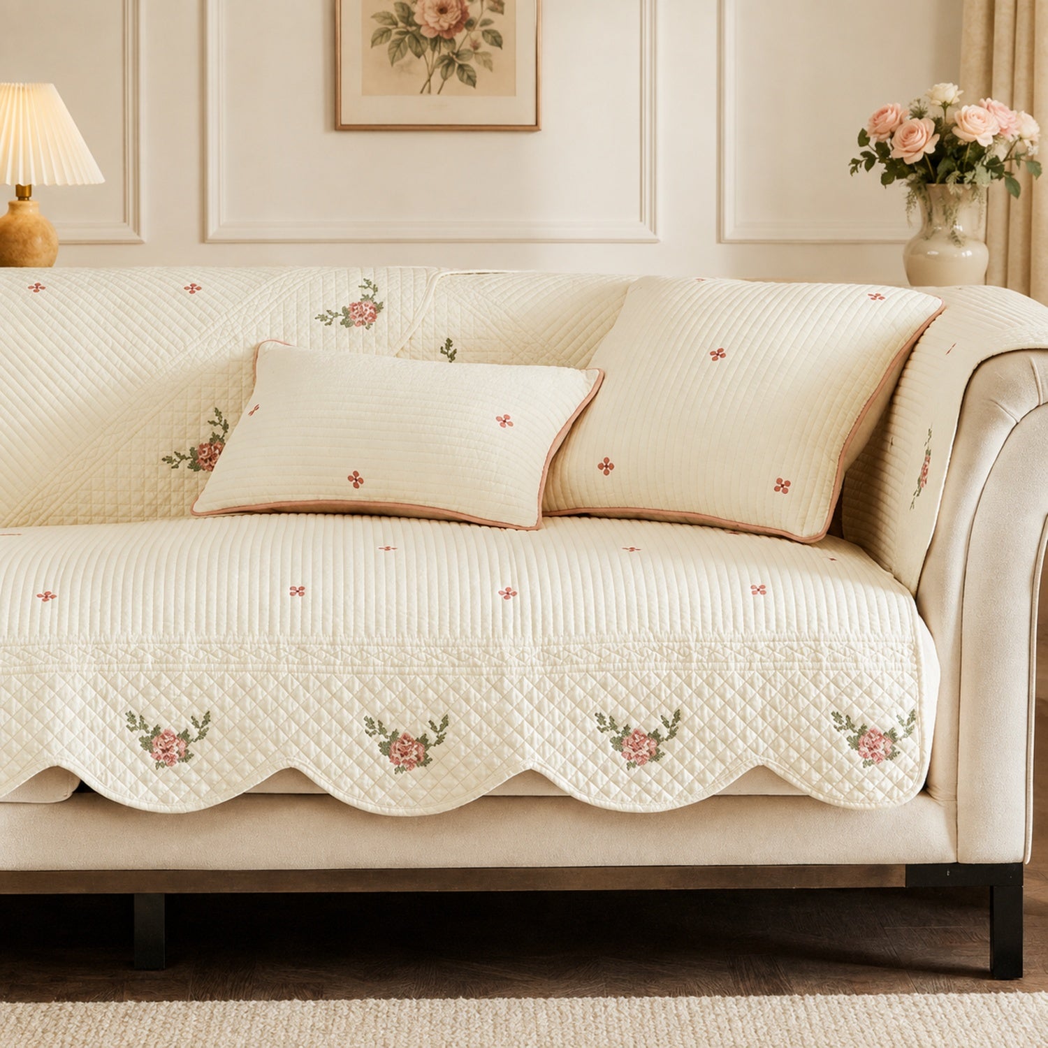 Little Rose Quilted Sofa Cover | Floral Cotton | Non-Slip & Machine Washable