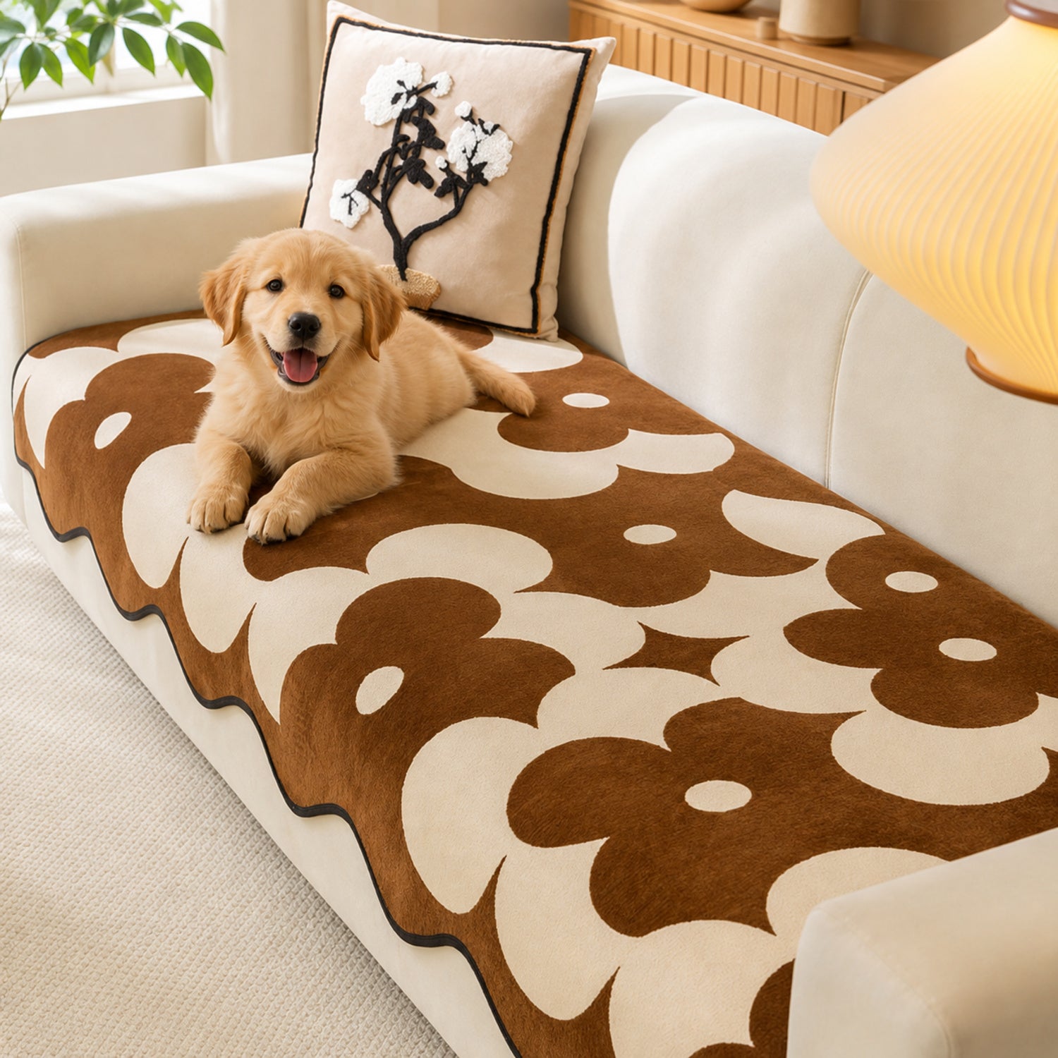 Floral Chenille Sofa Cover | Wavy Border Non-Slip Couch Throw | Woofing Deals