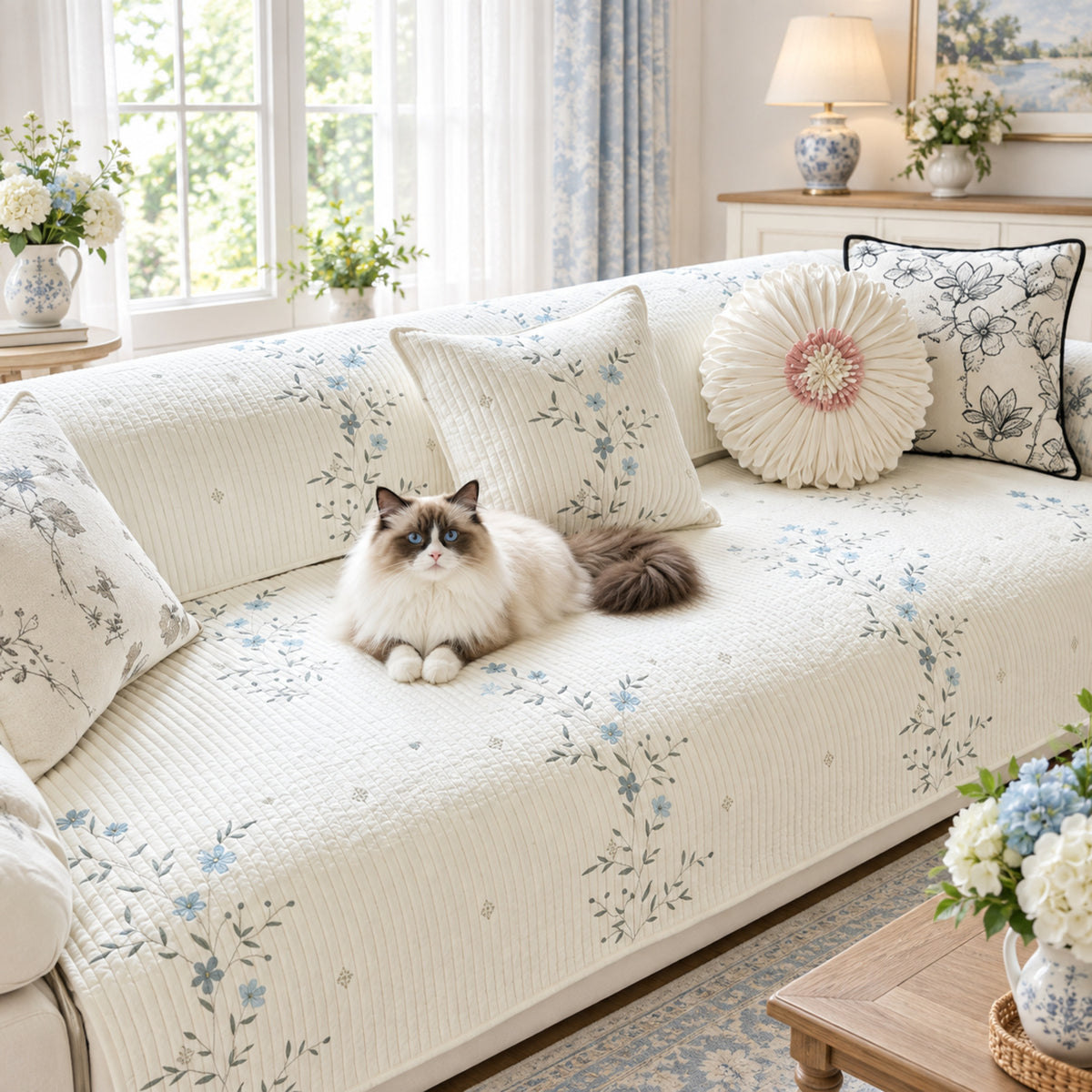Dainty Meadow Cotton Sofa Cover | Embroidered, Non-Slip & Machine Washable