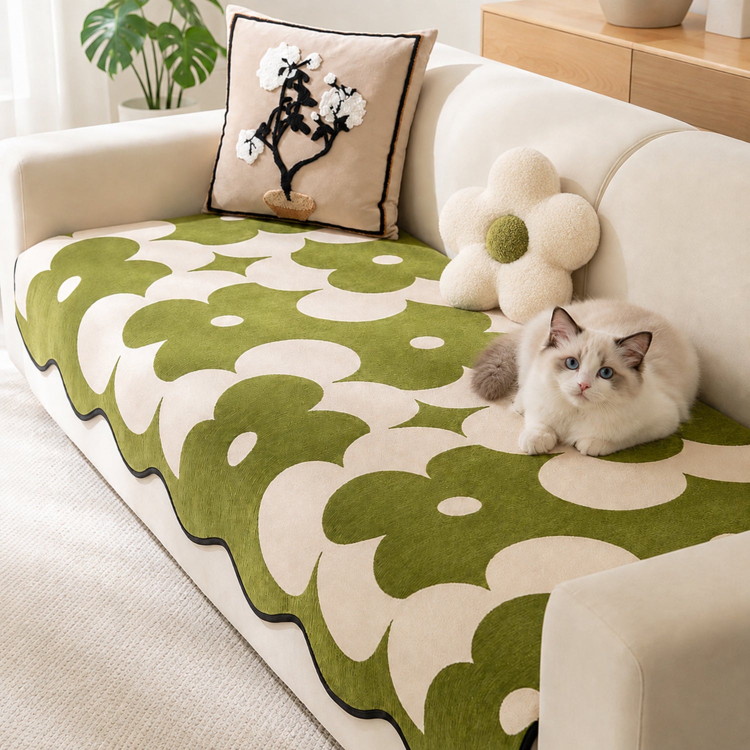 Floral Chenille Sofa Cover | Wavy Border Non-Slip Couch Throw | Woofing Deals