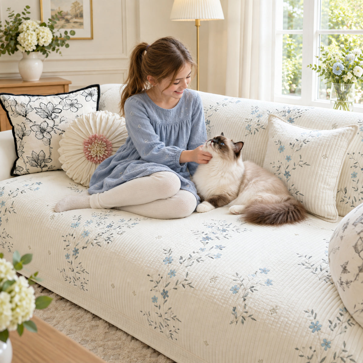 Dainty Meadow Cotton Sofa Cover | Embroidered, Non-Slip & Machine Washable