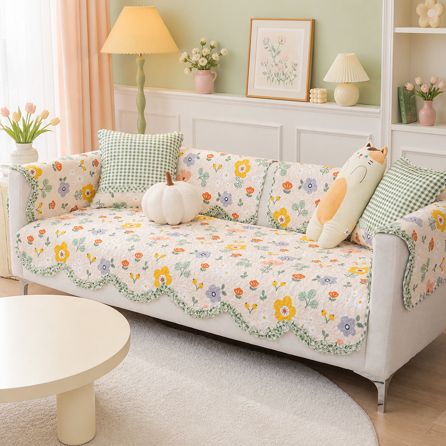 Cottage Garden Sofa Cover | Floral Cotton Non-Slip Washable