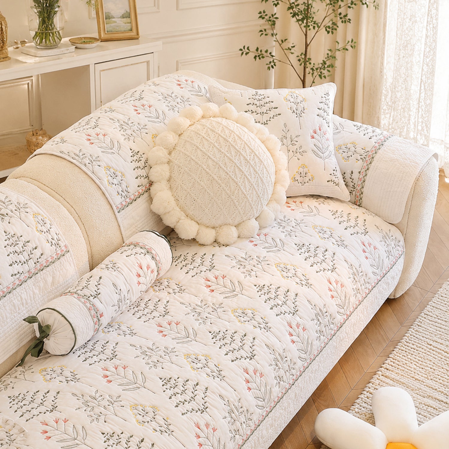 Wildflower Cotton Sofa Protector | Non-Slip Washable All-Season Cover