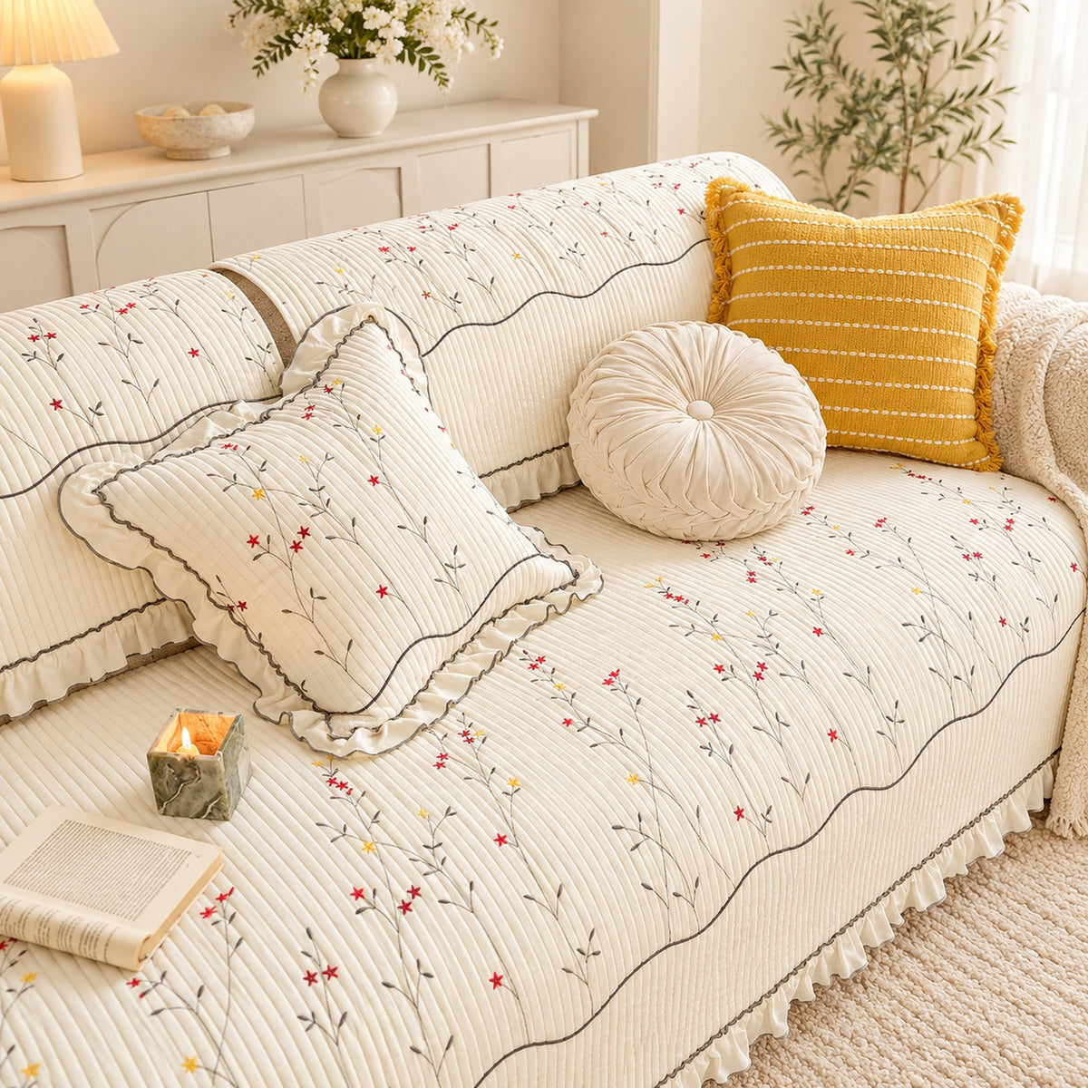 Cotton Sofa Cover | Non-Slip Sofa Protector | Dainty Wildflower Embroidery
