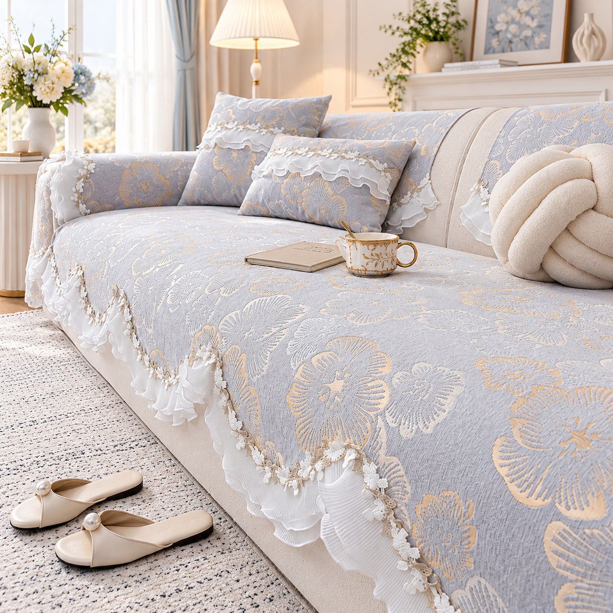 Chenille Sofa Cover | Non-Slip Sofa Protector | Golden Blossom | Machine Washable