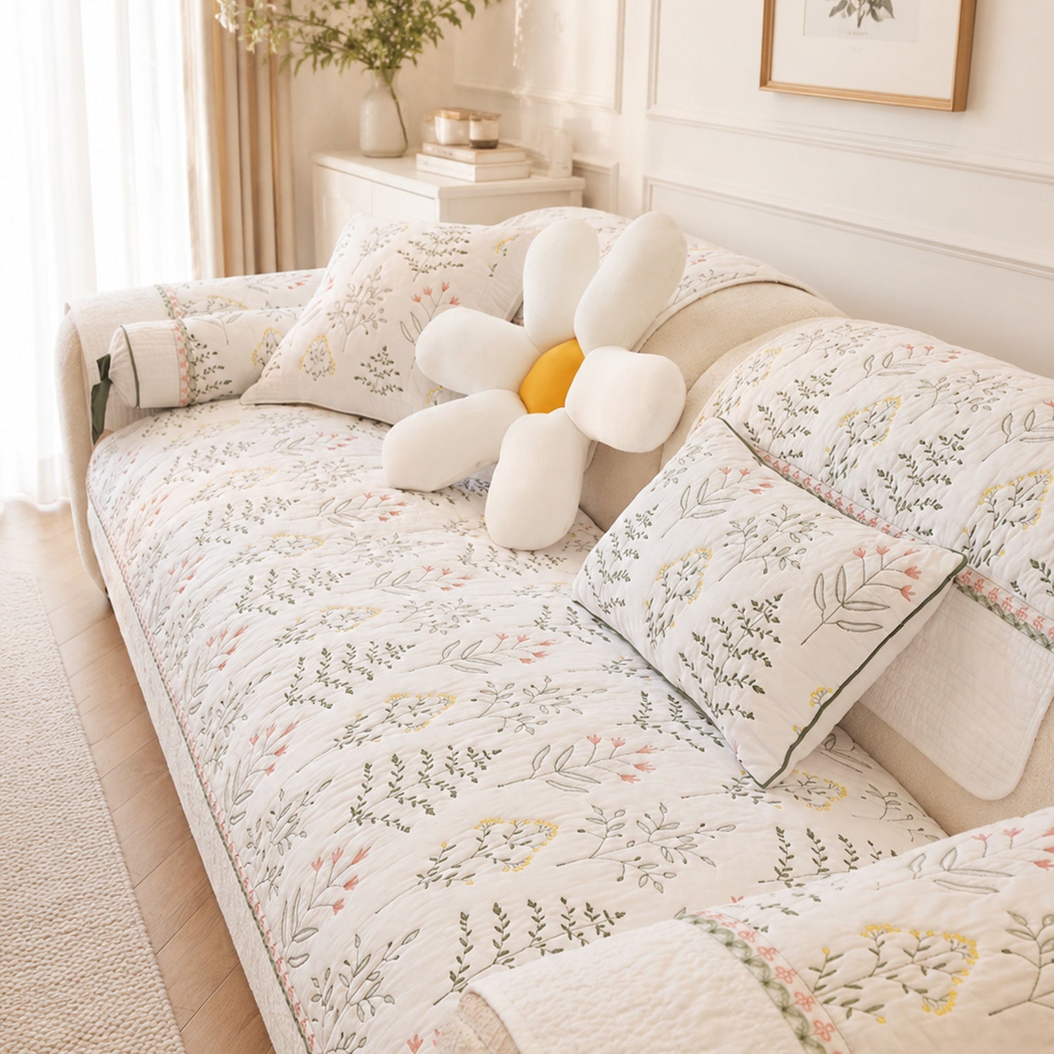 Wildflower Cotton Sofa Protector | Non-Slip Washable All-Season Cover
