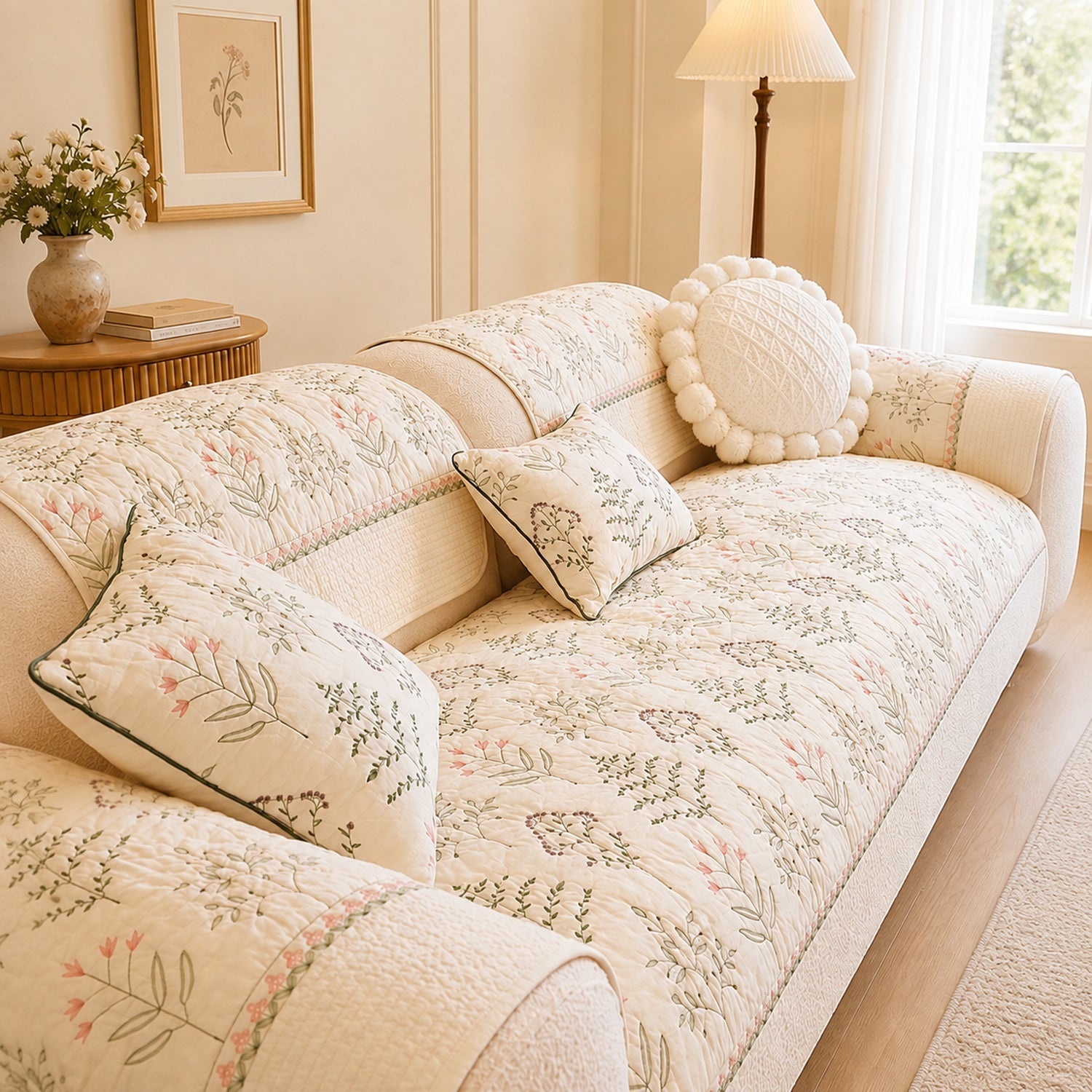 Wildflower Cotton Sofa Protector | Non-Slip Washable All-Season Cover