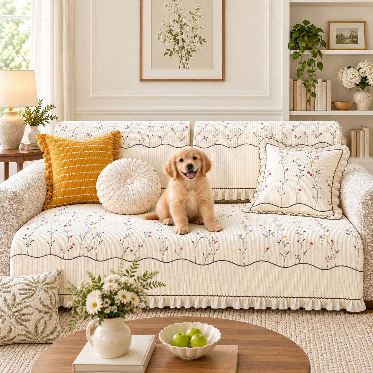Cotton Sofa Cover | Non-Slip Sofa Protector | Dainty Wildflower Embroidery