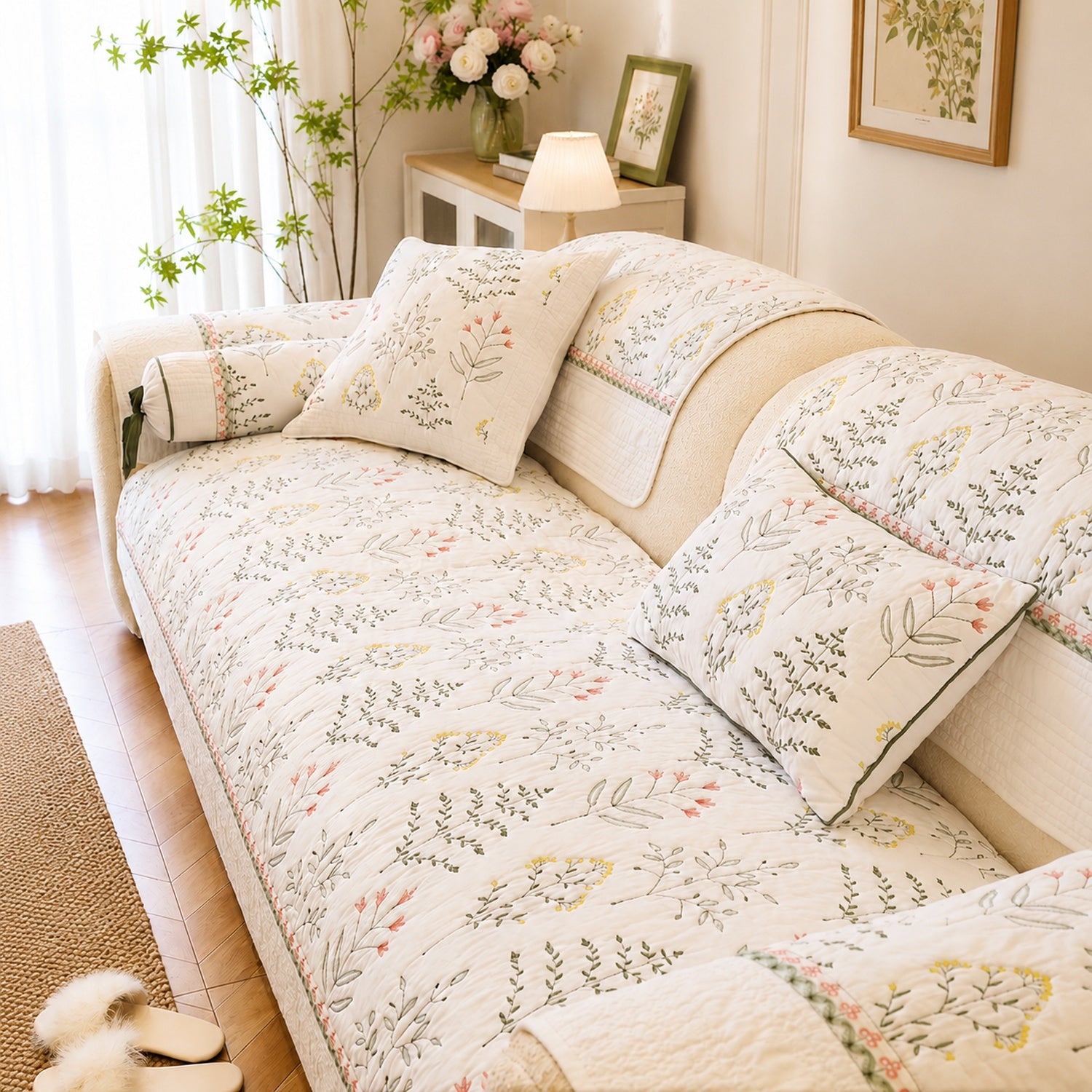 Wildflower Cotton Sofa Protector | Non-Slip Washable All-Season Cover