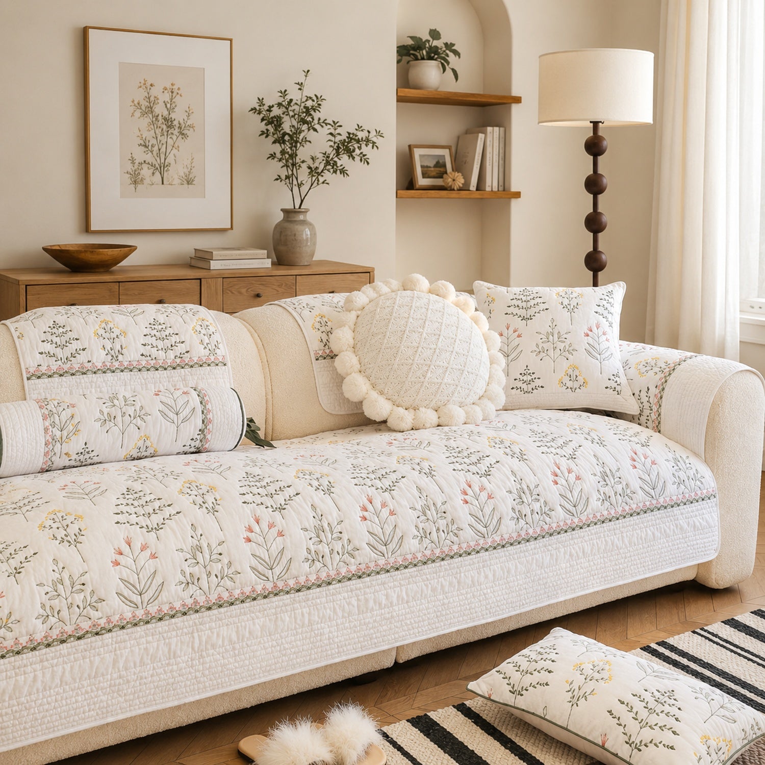 Wildflower Cotton Sofa Protector | Non-Slip Washable All-Season Cover