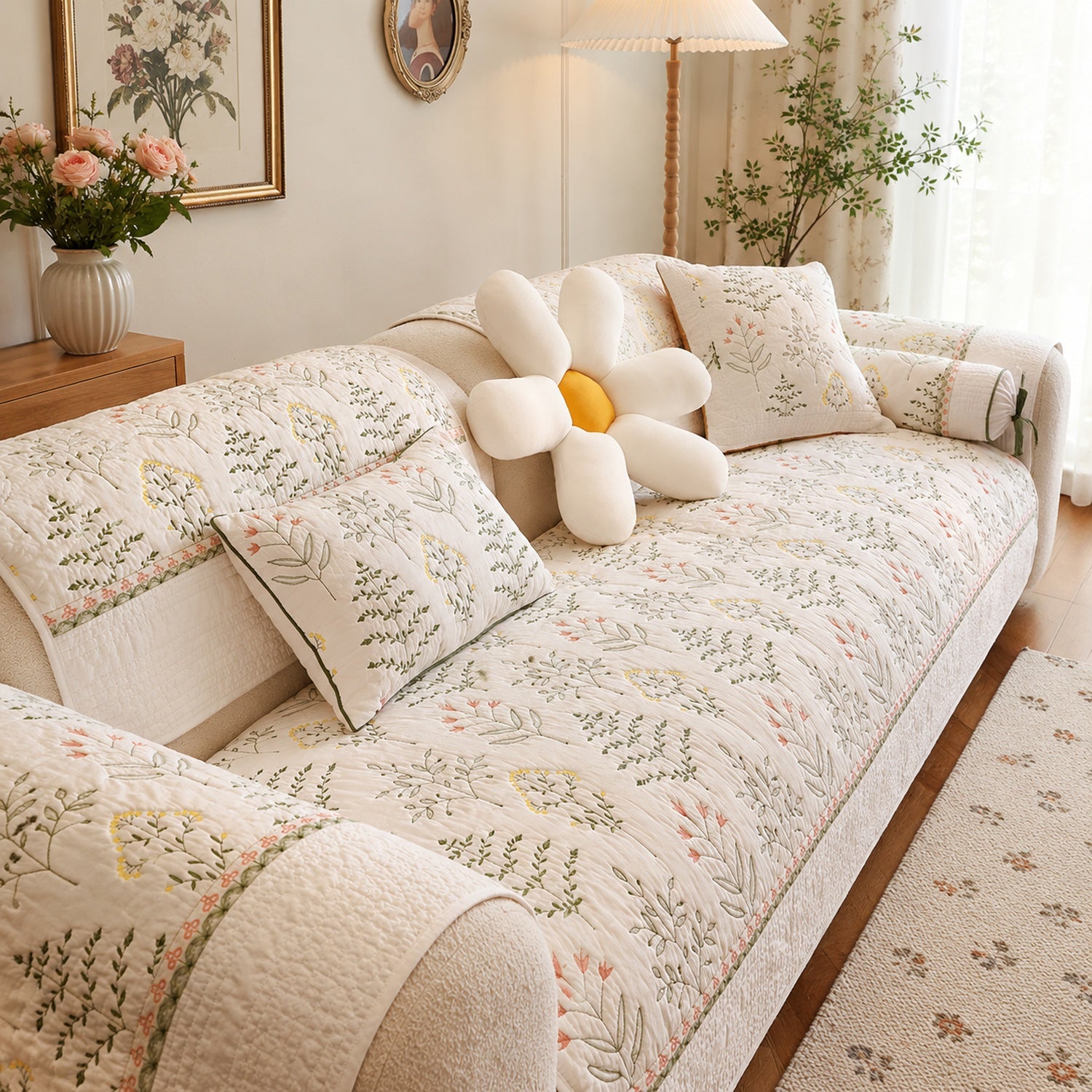Wildflower Cotton Sofa Protector | Non-Slip Washable All-Season Cover