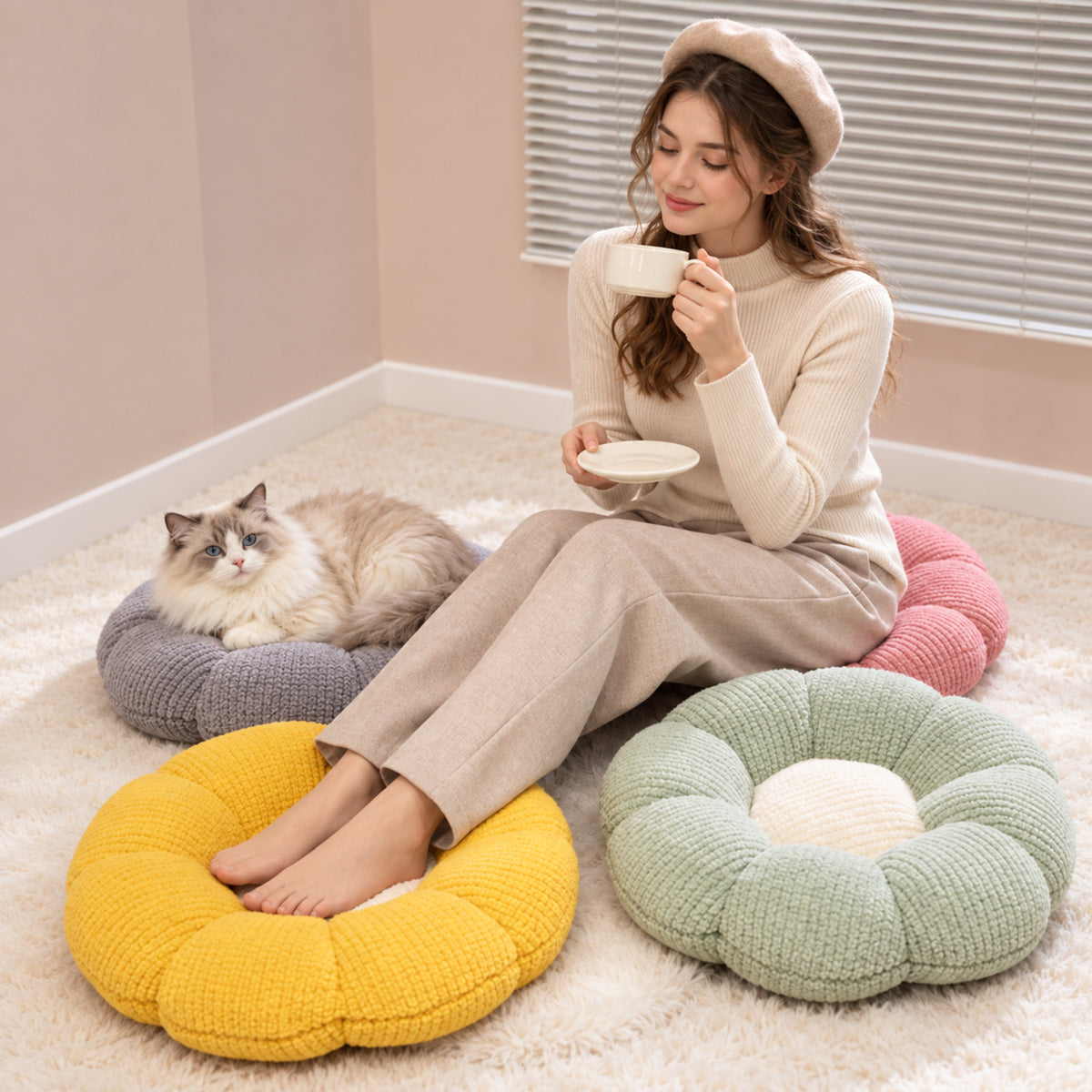 Flower Puff Pet Mat & Seat Cushion | Soft Ribbed Plush