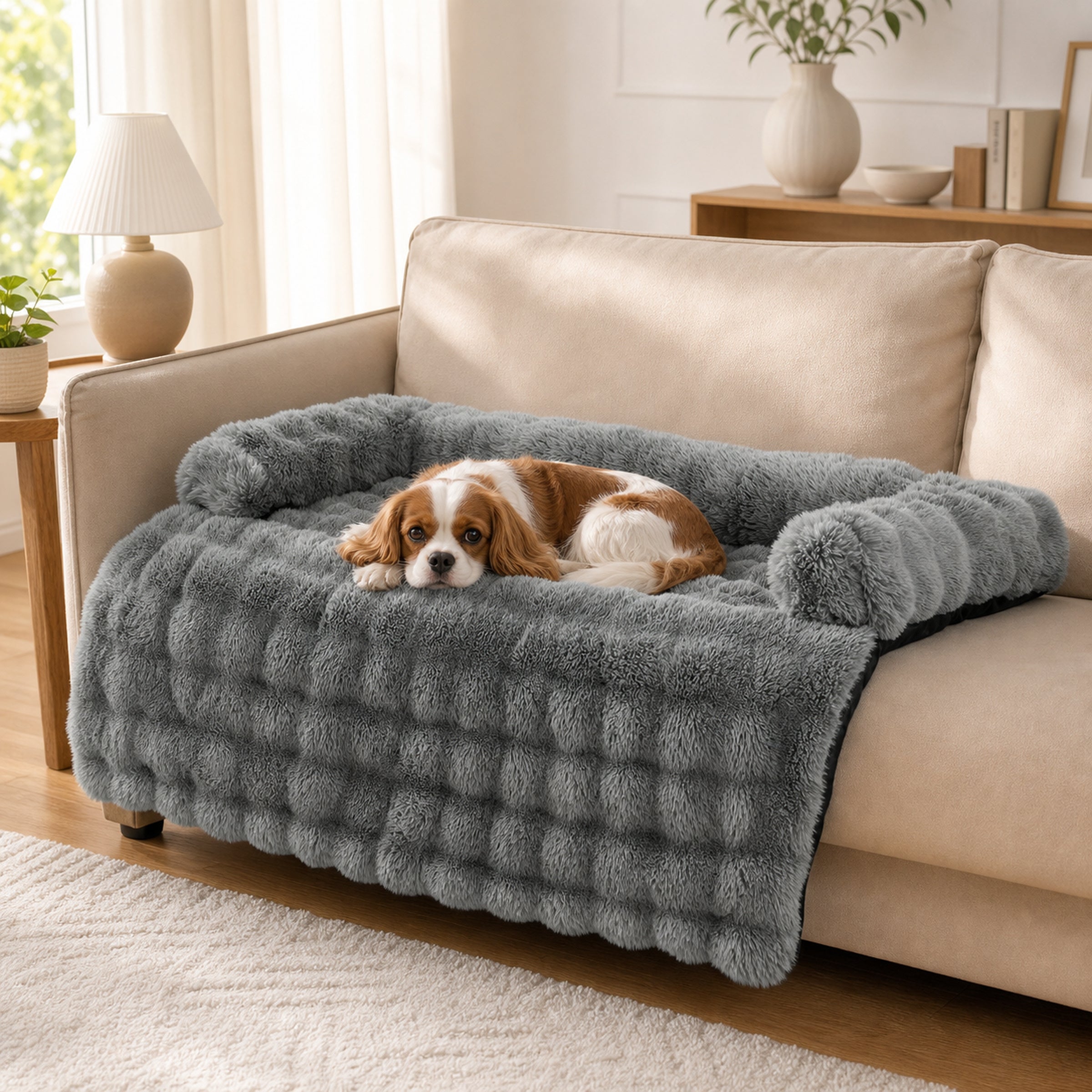 Cavalier King Charles Spaniel resting on a grey fluffy dog bed sofa protector in a modern living room