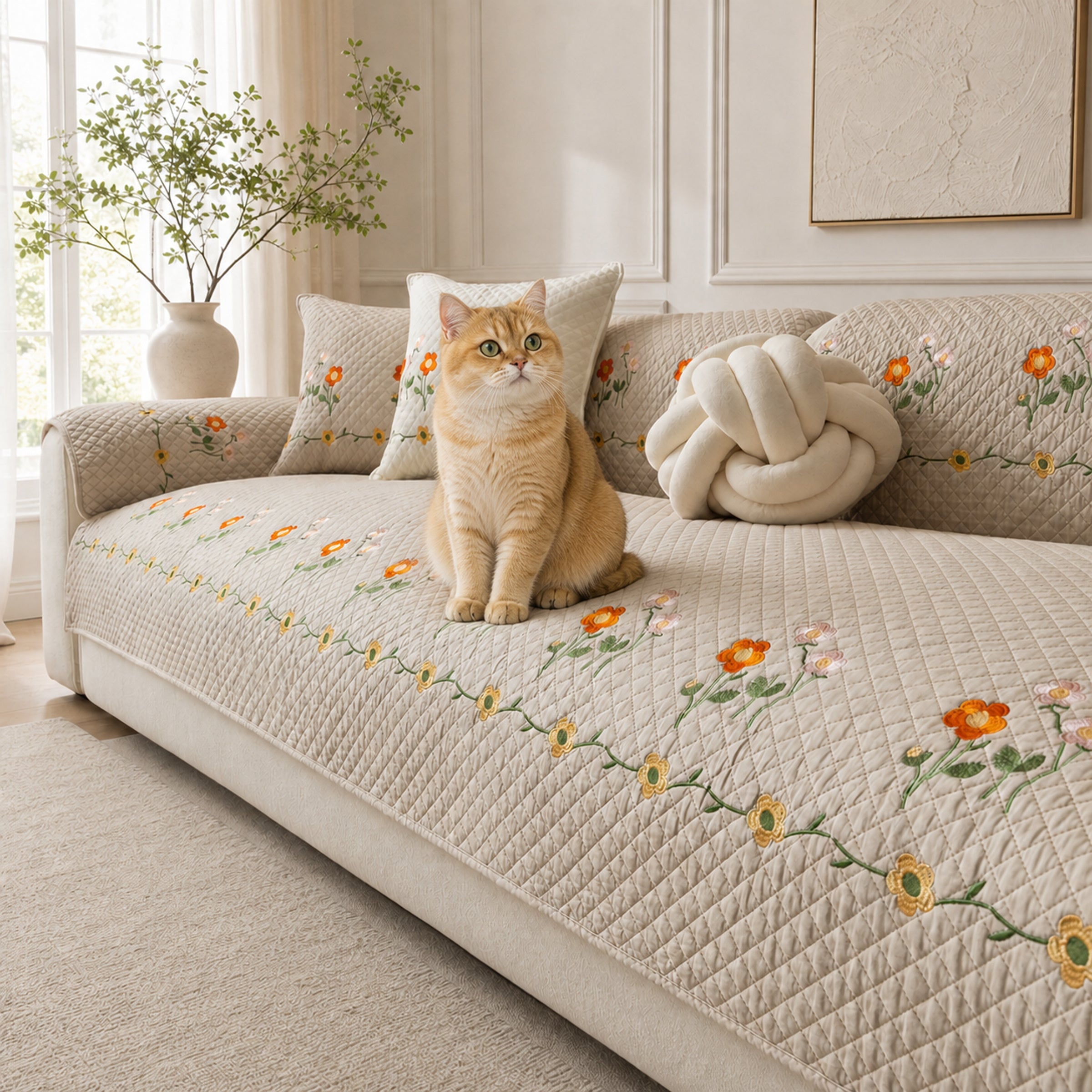 Garden Floral Cotton Sofa Cover | Thick Breathable Anti-Slip | All-Season Protector