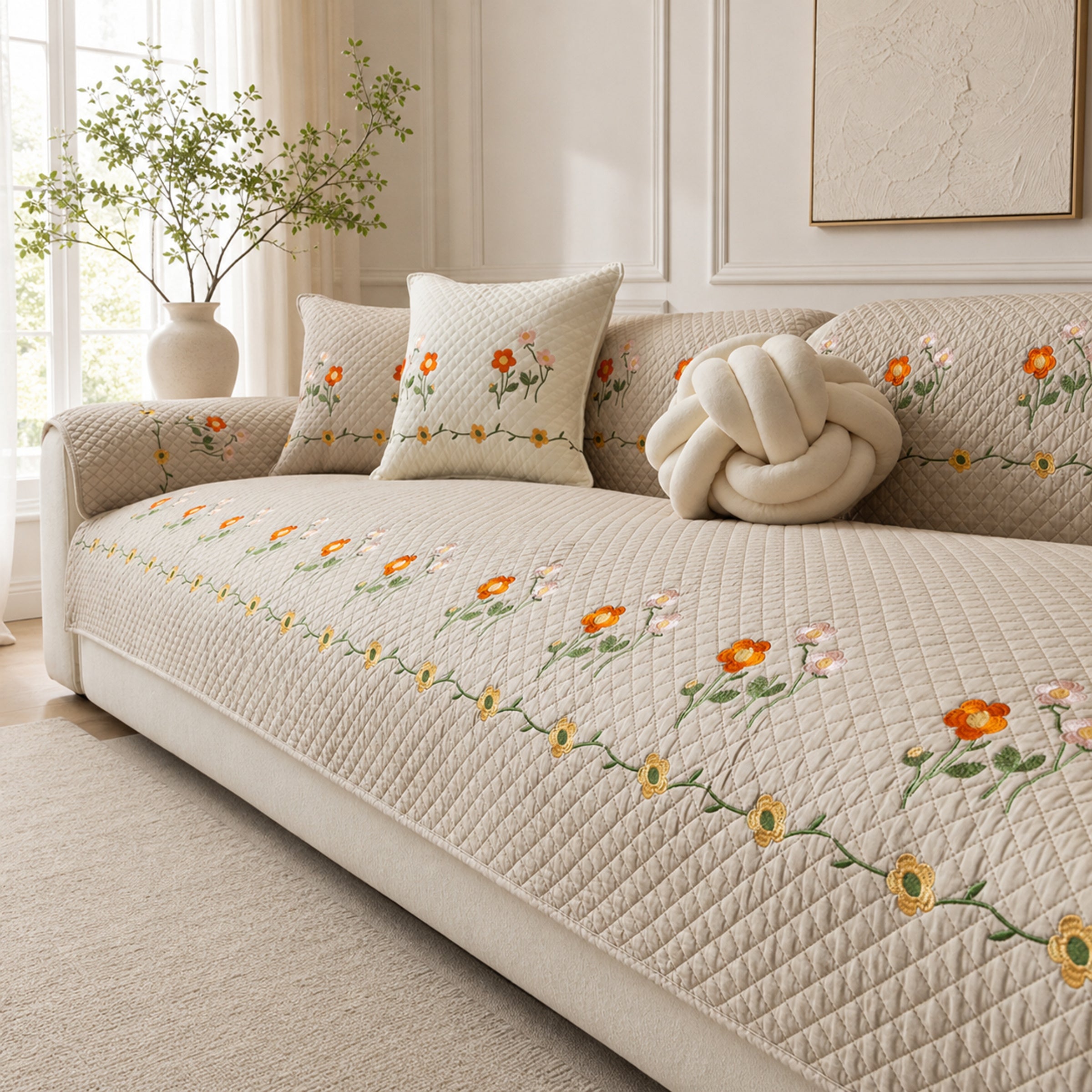 Garden Floral Cotton Sofa Cover | Thick Breathable Anti-Slip | All-Season Protector