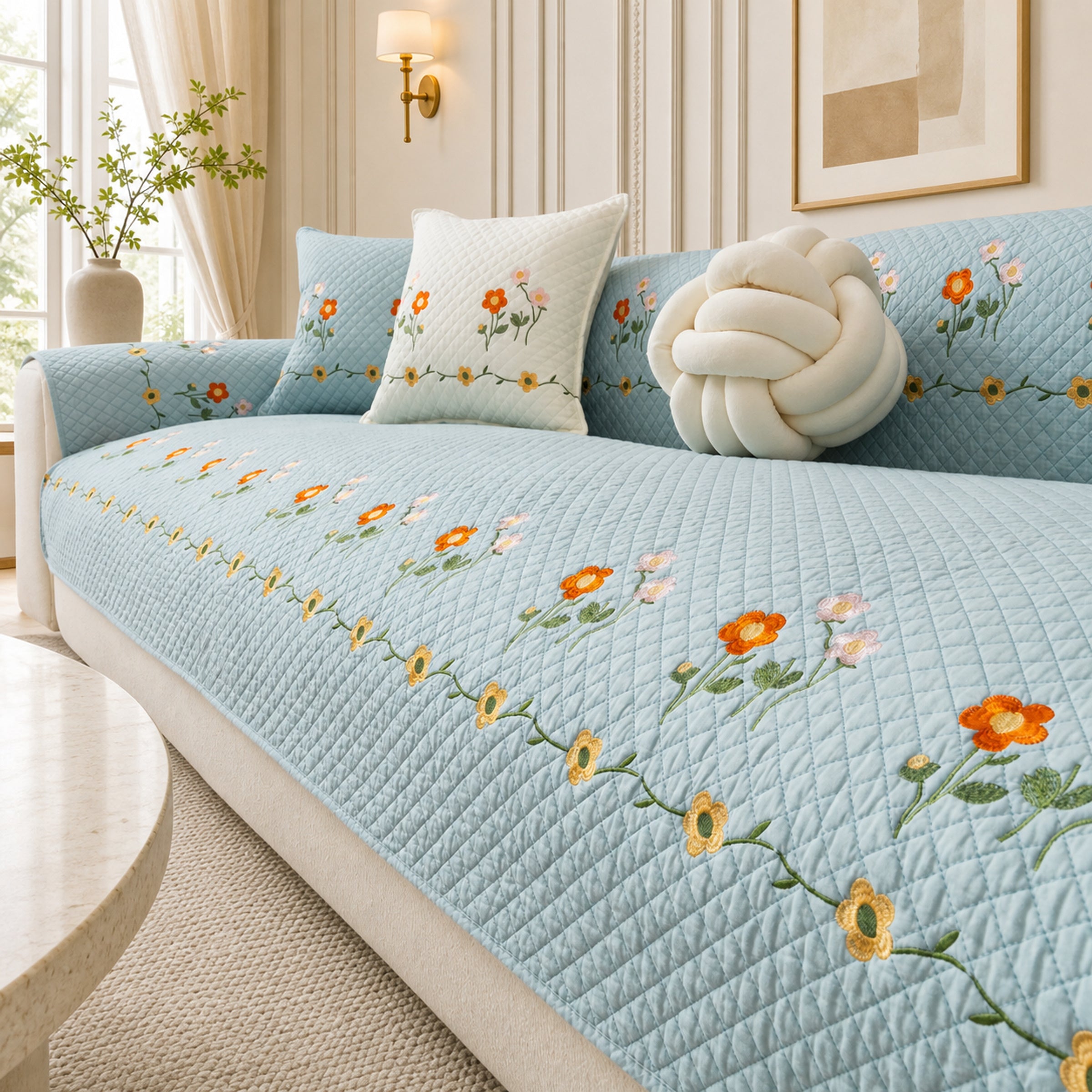 Garden Floral Cotton Sofa Cover | Thick Breathable Anti-Slip | All-Season Protector