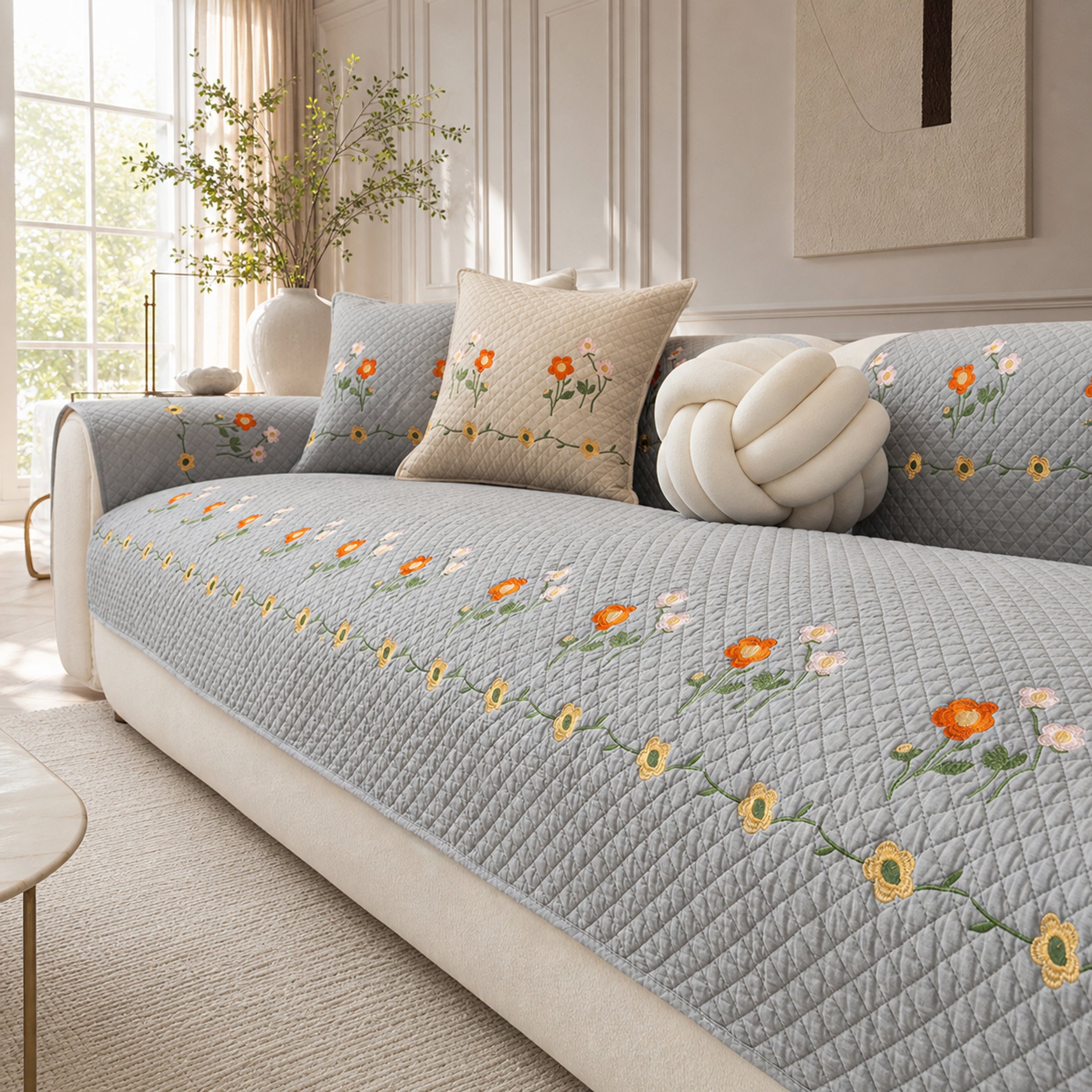 Garden Floral Cotton Sofa Cover | Thick Breathable Anti-Slip | All-Season Protector