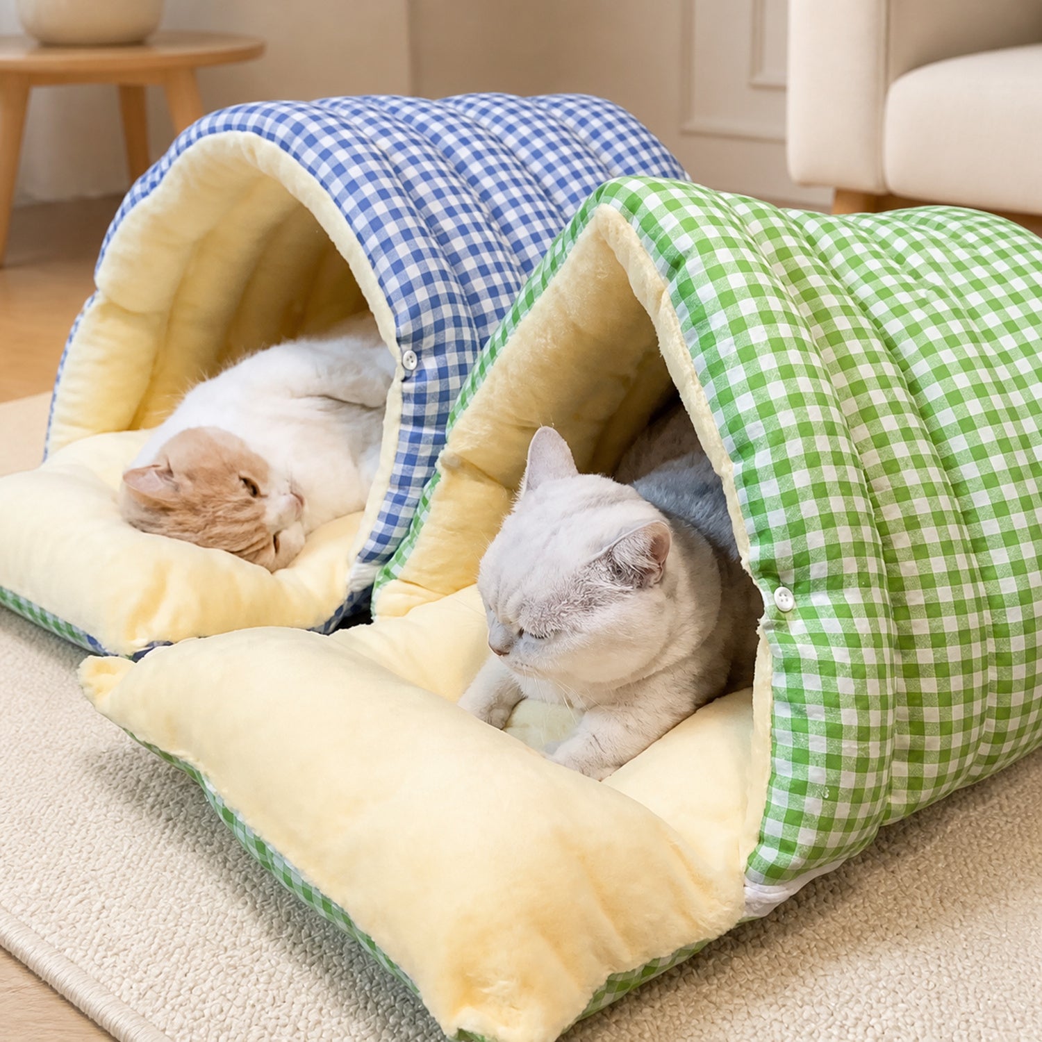 Cosy Gingham Cat Bed | Warm Washable Enclosed Pod with Removable Top