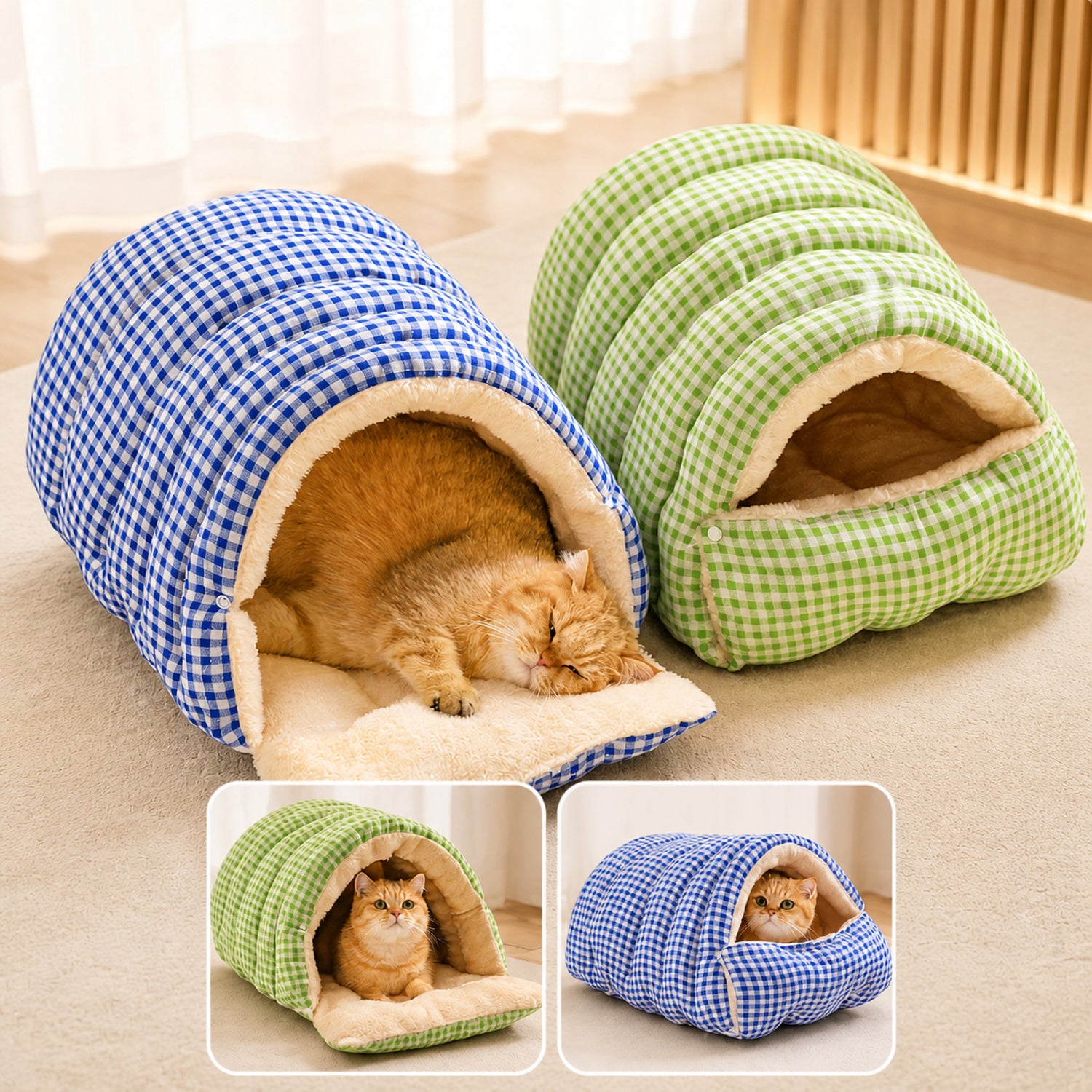 Cosy Gingham Cat Bed | Warm Washable Enclosed Pod with Removable Top