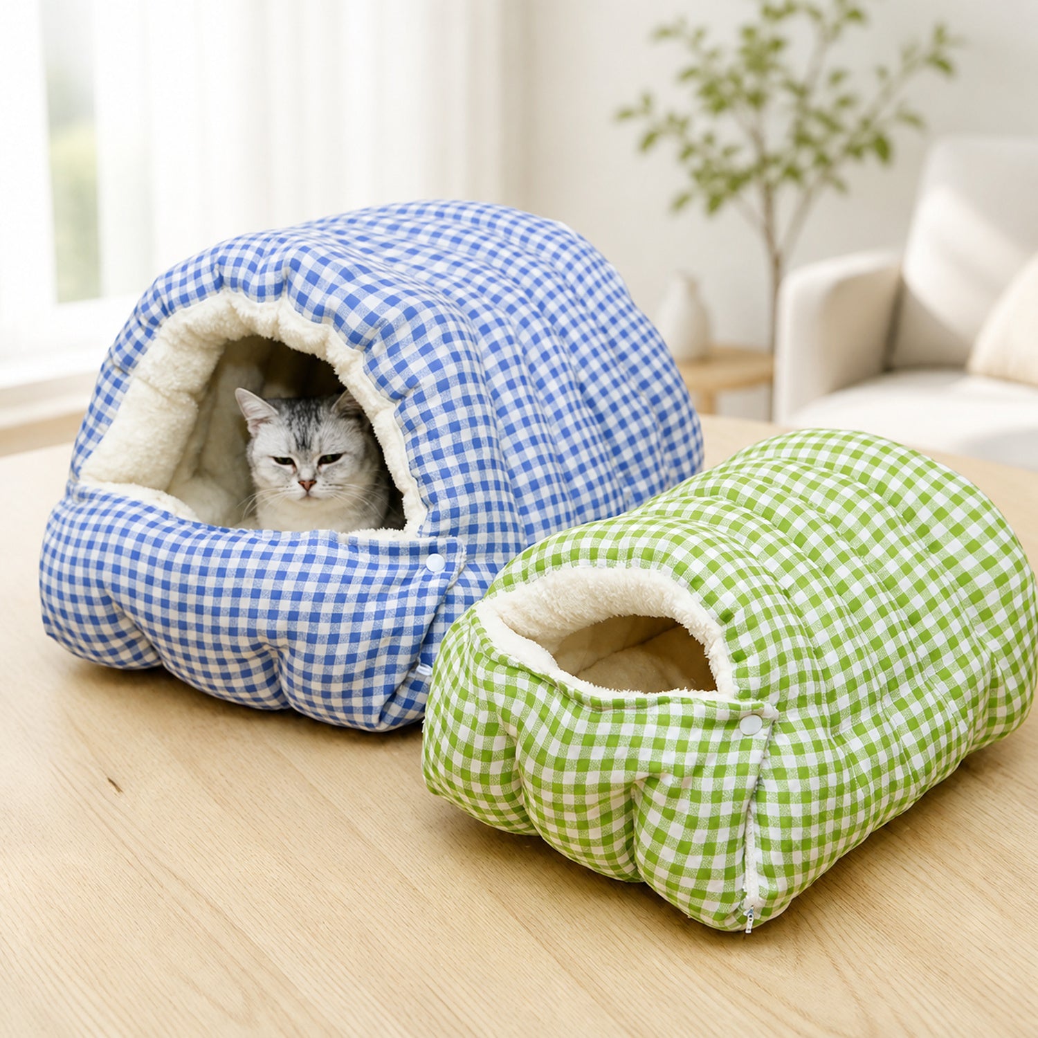 Cosy Gingham Cat Bed | Warm Washable Enclosed Pod with Removable Top