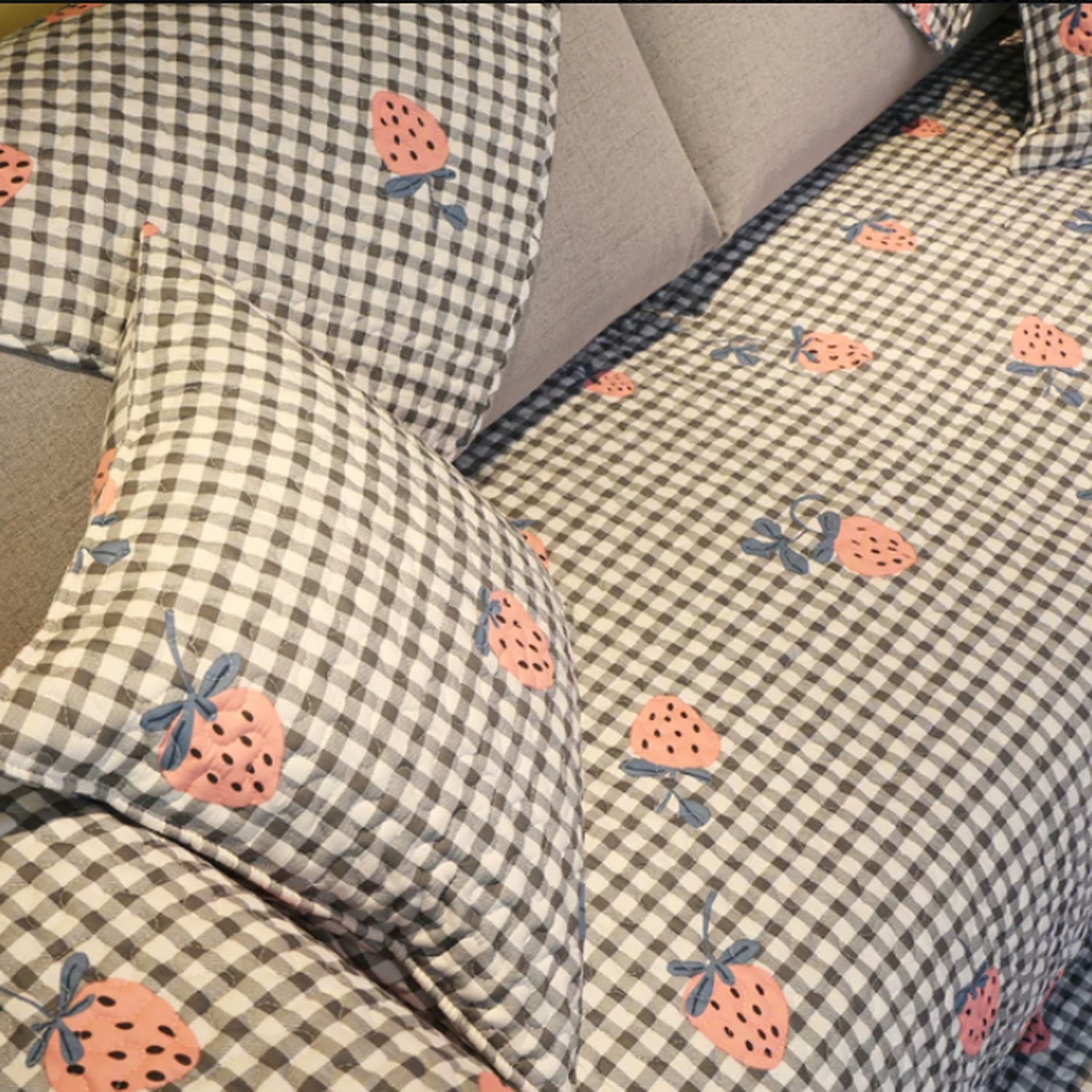 Strawberry Gingham Sofa Cover | Cotton Non-Slip Washable Sofa Protector