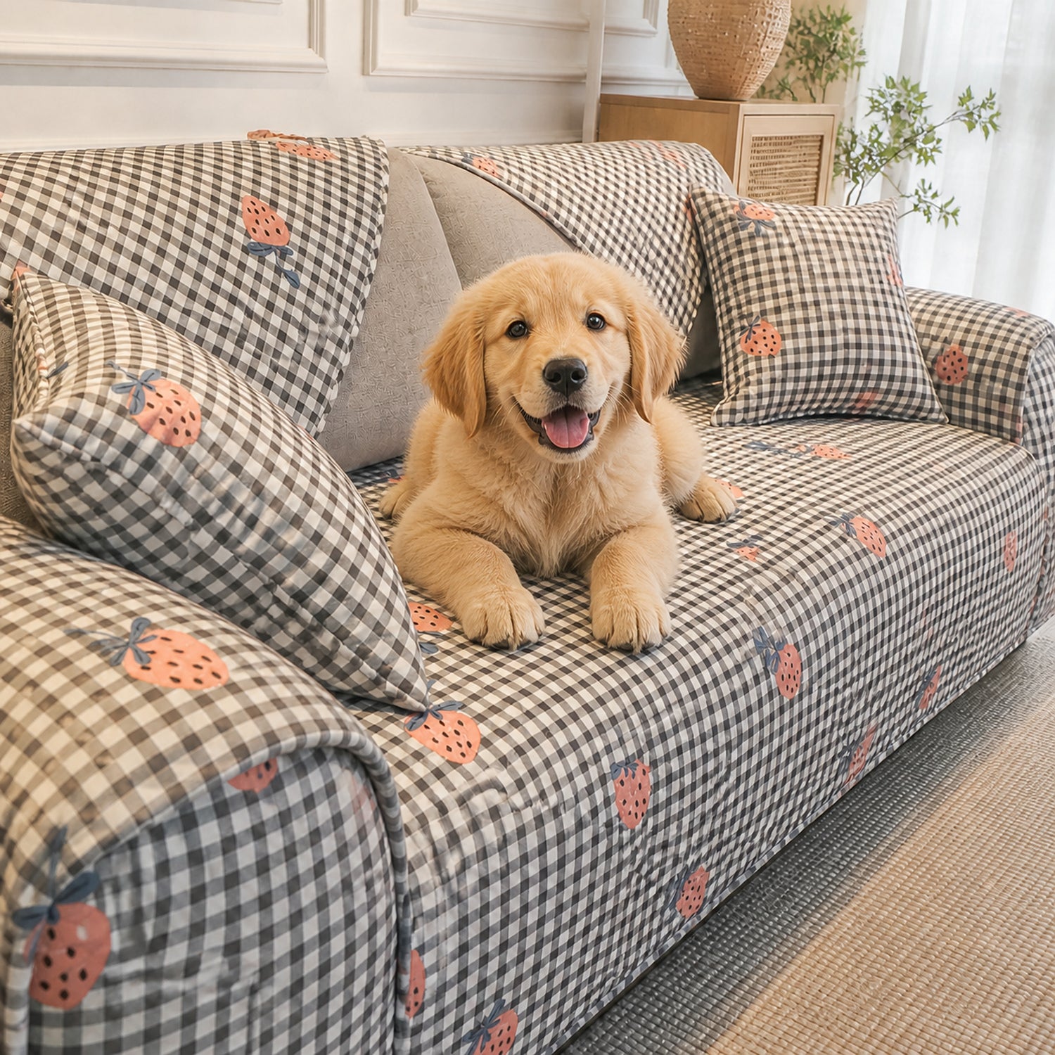 Strawberry Gingham Sofa Cover | Cotton Non-Slip Washable Sofa Protector