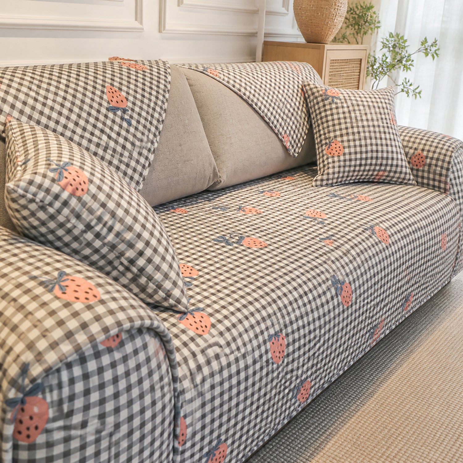 Strawberry Gingham Sofa Cover | Cotton Non-Slip Washable Sofa Protector