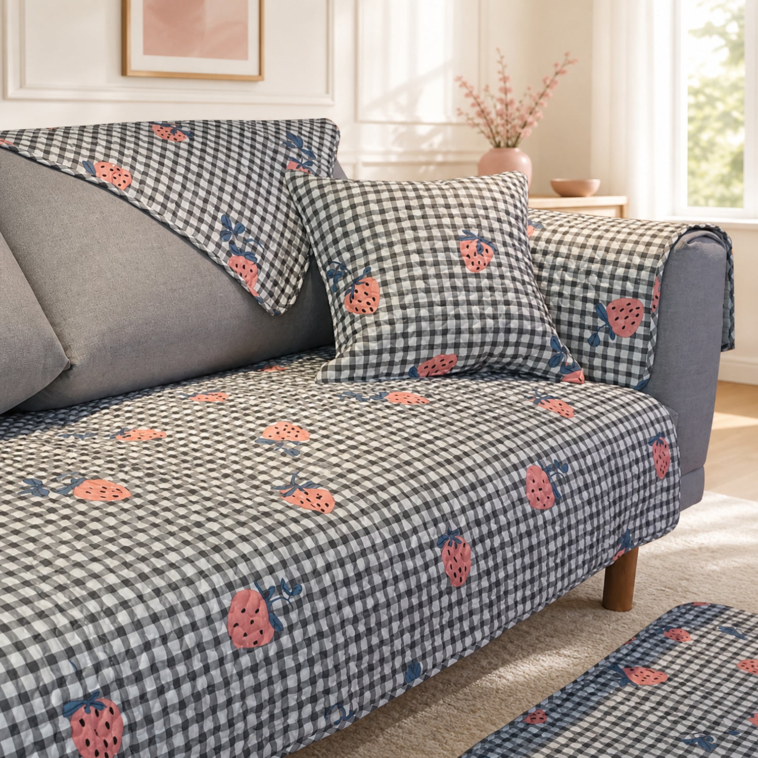 Strawberry Gingham Sofa Cover | Cotton Non-Slip Washable Sofa Protector