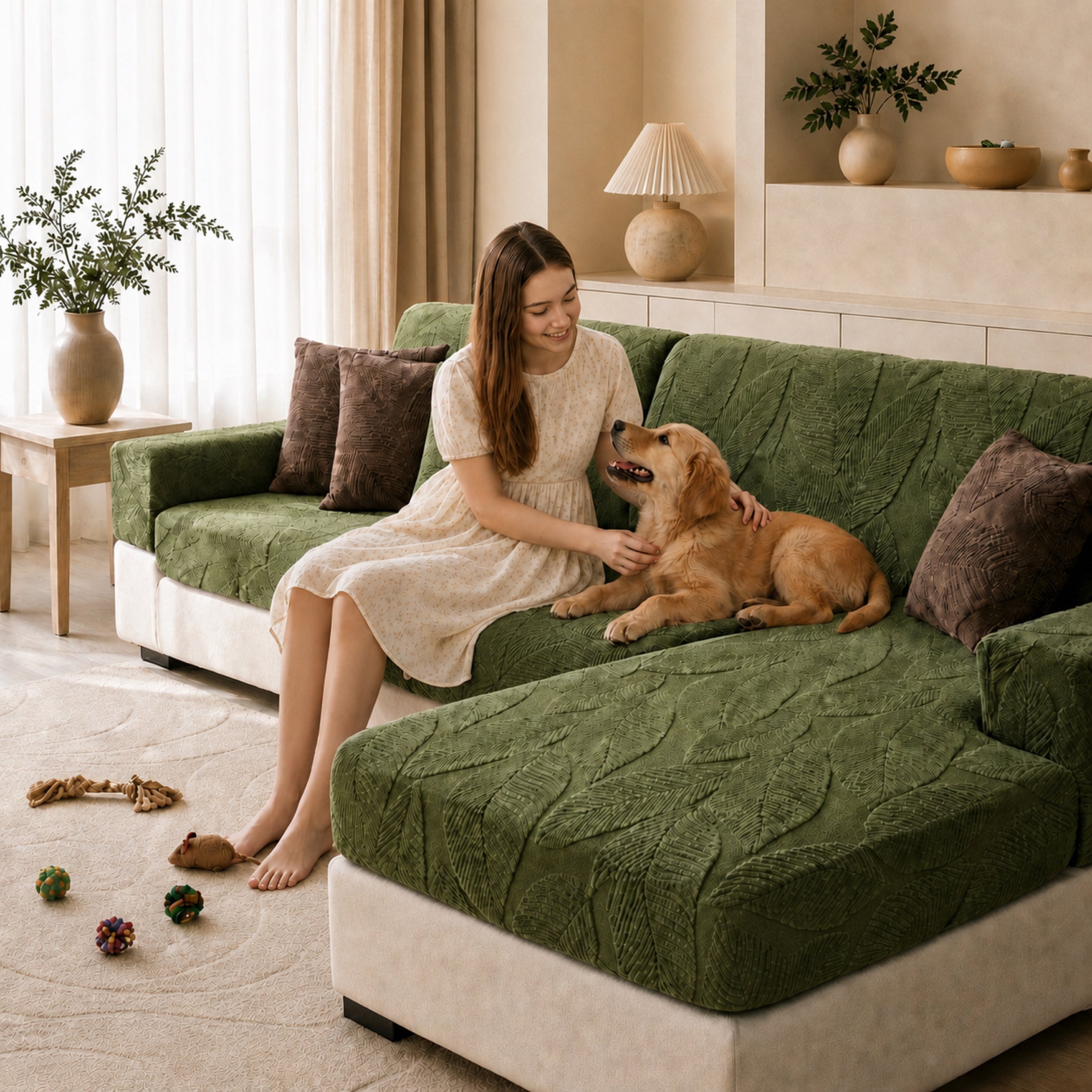 Modern Leaf Jacquard Sofa Cover | Waterproof Stretch Full Wrap | Anti-Scratch Protector | Woofing Deals