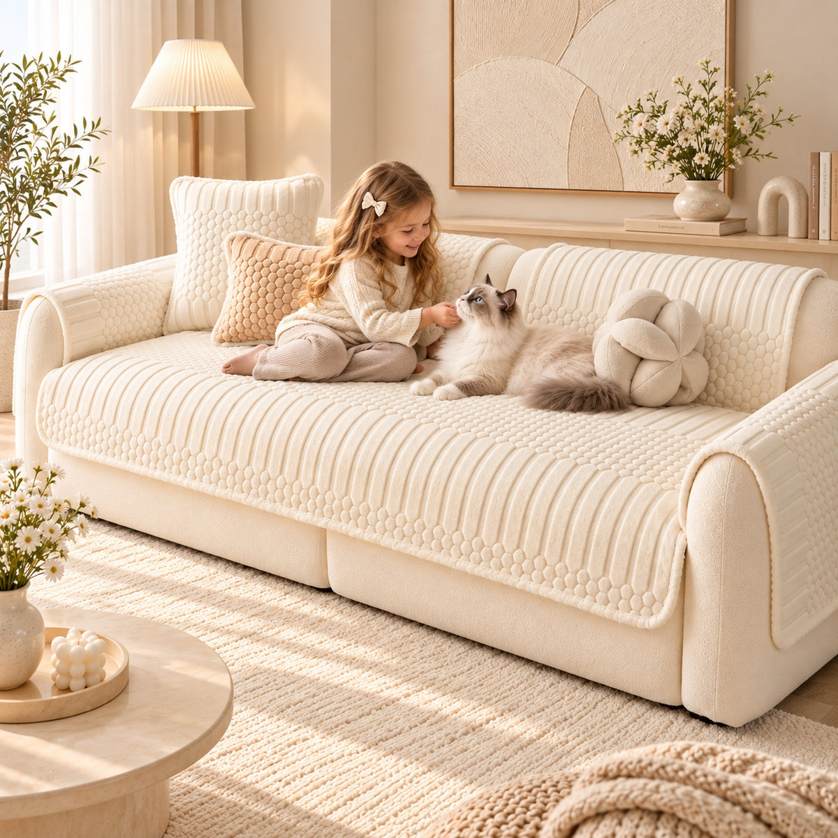 Stripe & Bubble Sofa Cover | Heavyweight Plush | Non-Slip, Machine Washable