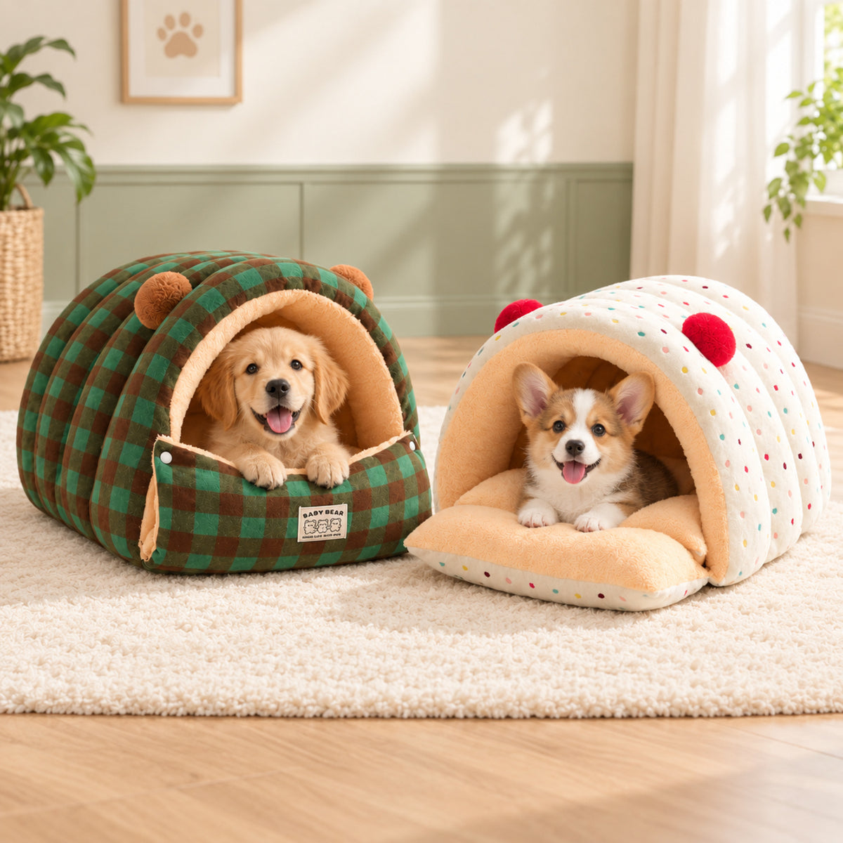 Dog Bed & Cat Bed | Cuddle Cabin Plush Cave | Removable Cushion & Fold-Down Front
