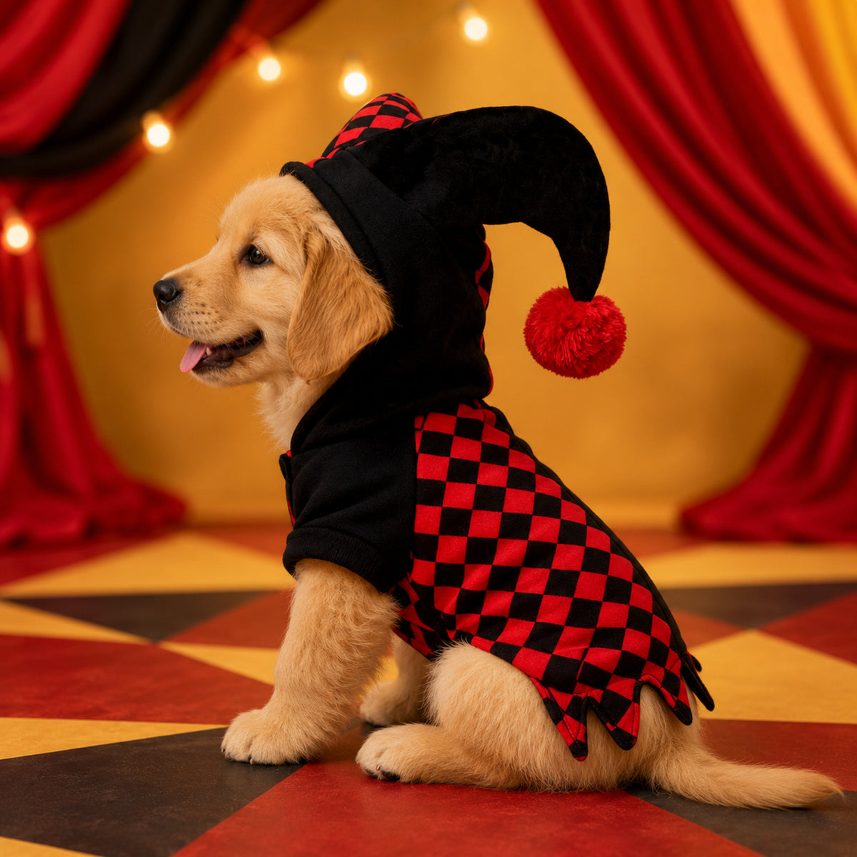 Jester Pet Costume | Red & Black Halloween Fancy Dress for Cats & Small Dogs