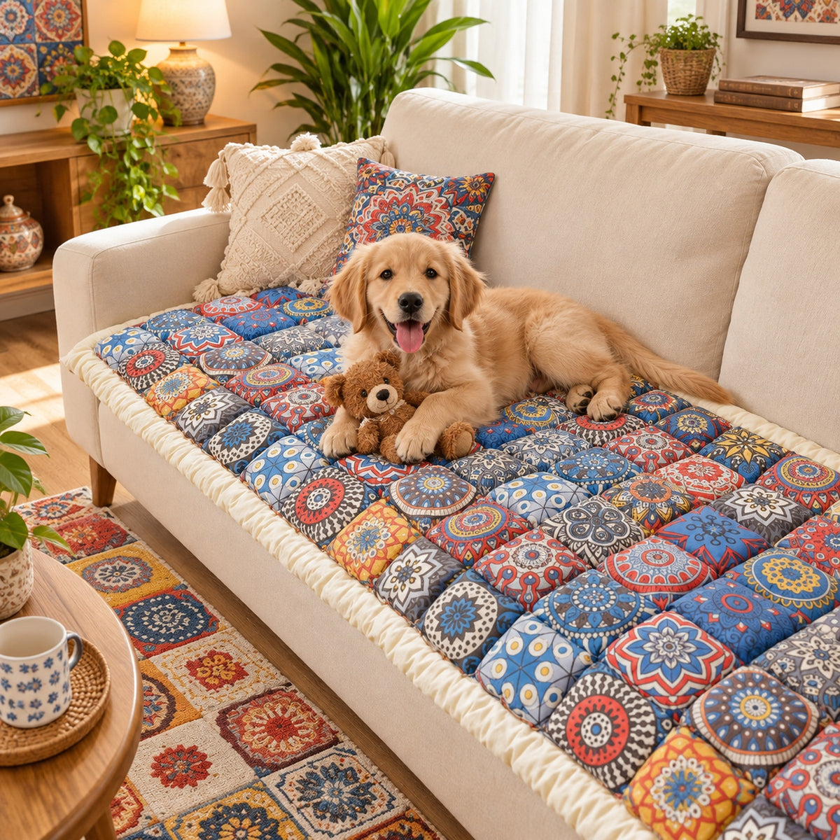 Mosaic Sofa Cover | Non-Slip Sofa Protector | Quilted 100% Cotton