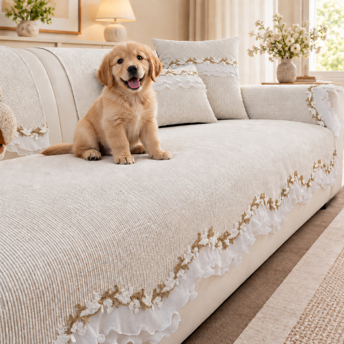 Ruffle Charm Chenille Sofa Cover | Non-Slip & Machine Washable