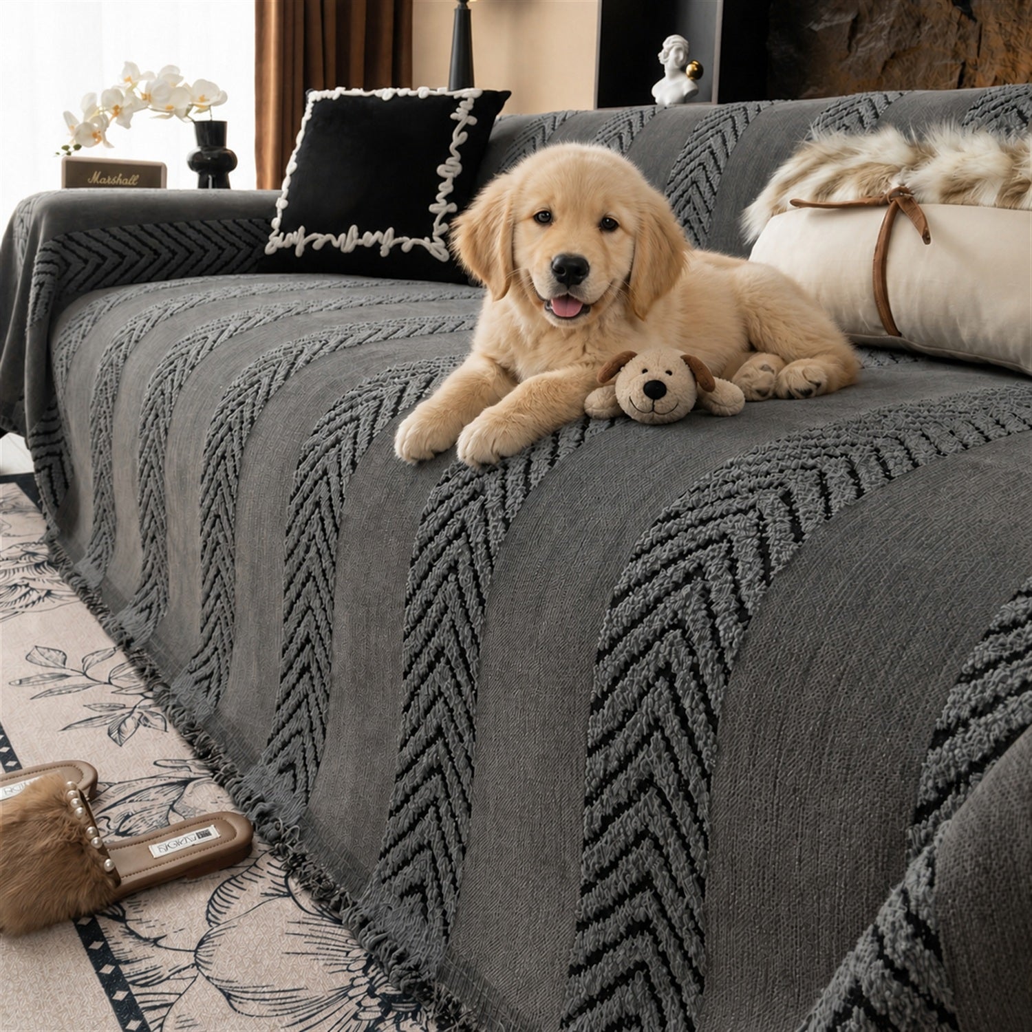 Sofa Throw | Chenille Pet Proof Couch Blanket | Non-Slip Herringbone | Washable | Dog & Cat Friendly