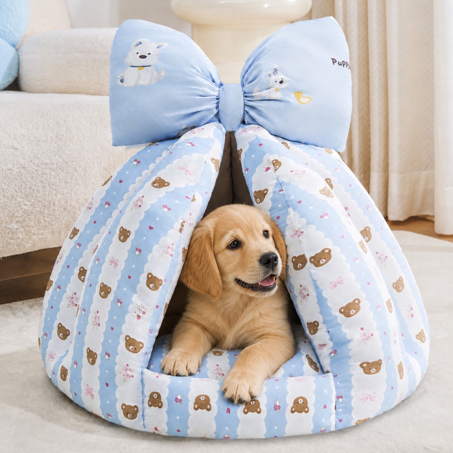 Bow Pet Tent Bed | Cotton Blend | Washable Hideaway for Cats & Small Dogs