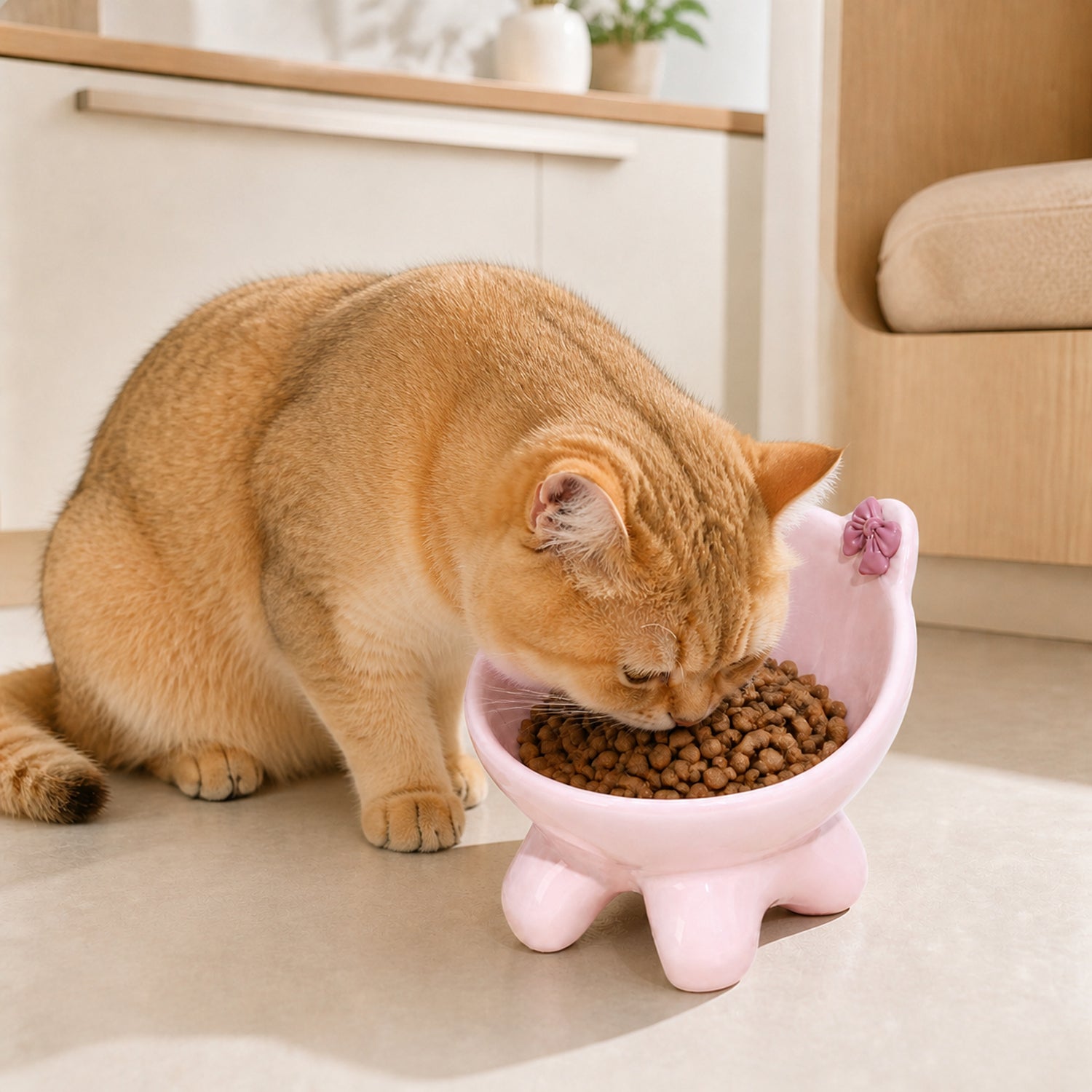 Bow Kitty Raised Ceramic Cat Bowl | 15° Tilted Easy-Clean Feeder