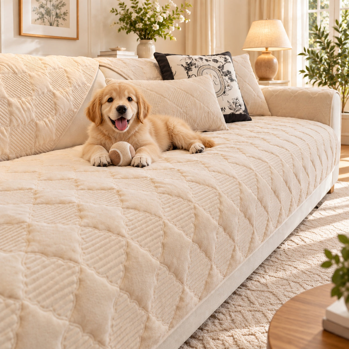 Quilted Sofa Cover | Soft Plush Velvet | Non-Slip, Machine-Washable Sofa Protector