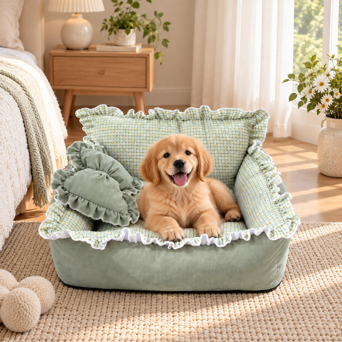 Dog Sofa Bed & Cat Bed | Sweet Ruffle Design with Bow Cushion & Non-Slip Base