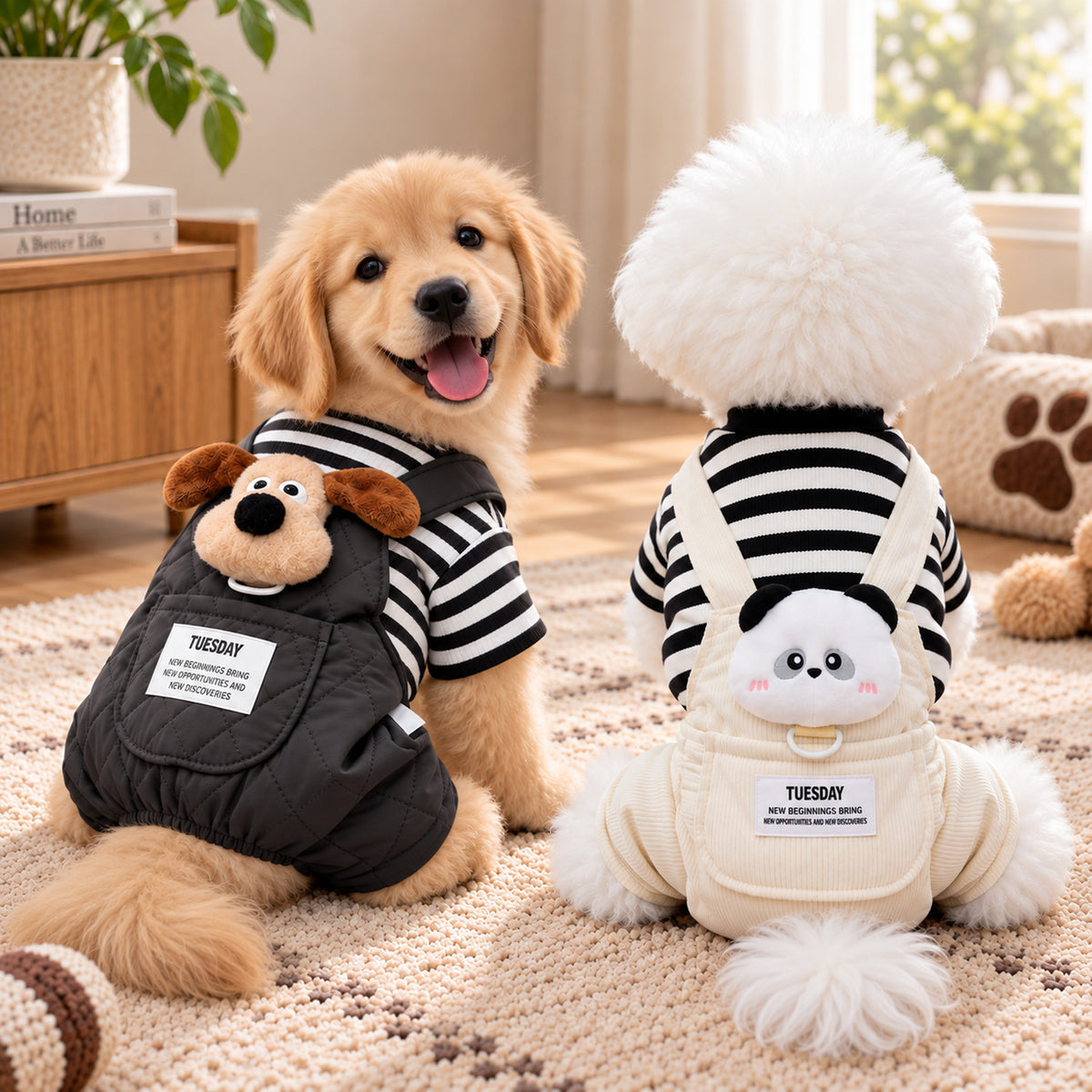 Dog Jumper | Cotton Dungaree Outfit with Striped Sleeves & Plush Animal Detail